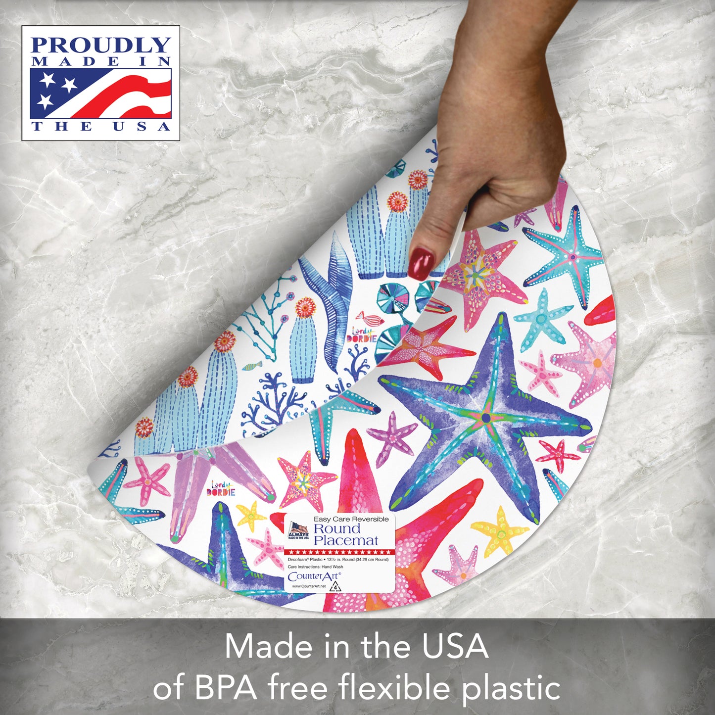 CounterArt Bright Lagoon 4 Pack Round Reversible Easy Care Flexible Placemats Made in the USA