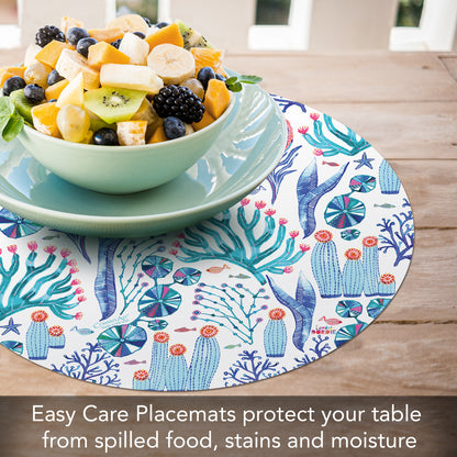 CounterArt Bright Lagoon 4 Pack Round Reversible Easy Care Flexible Placemats Made in the USA