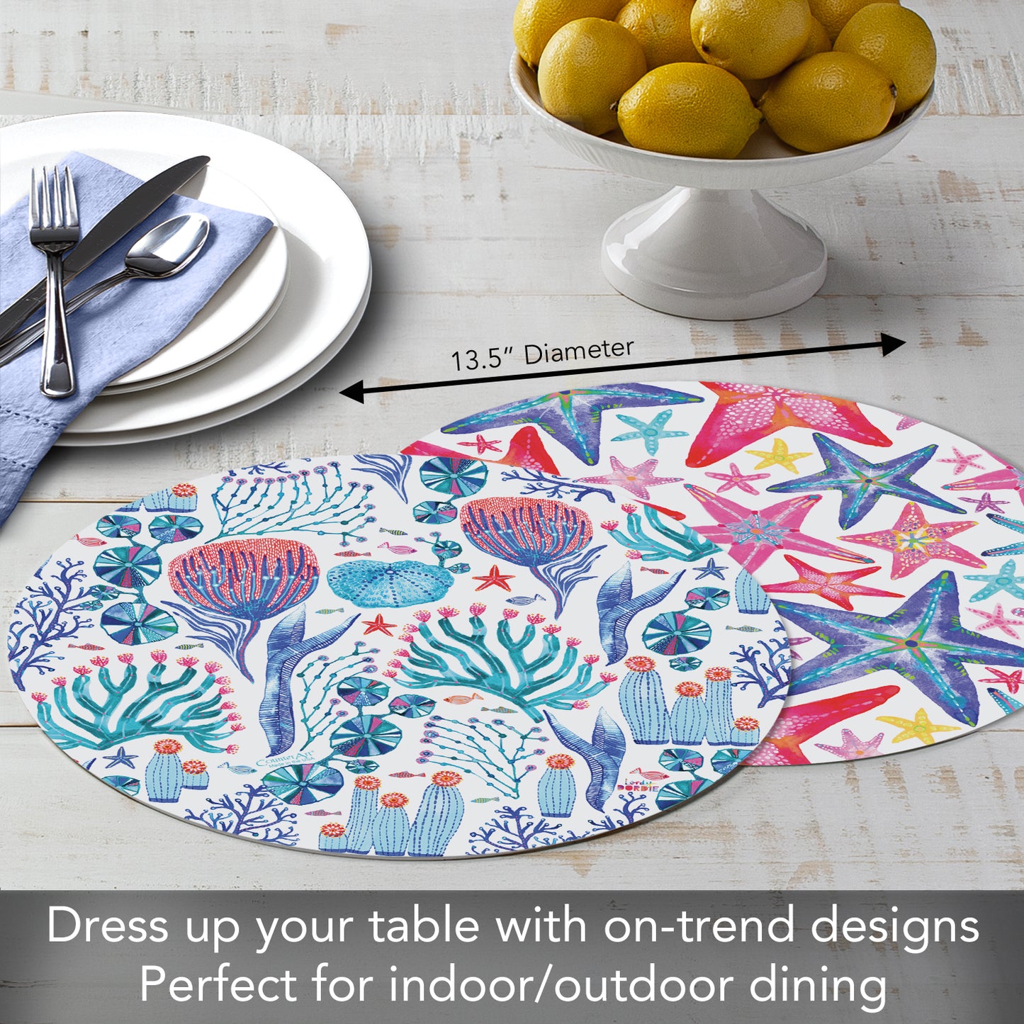 CounterArt Bright Lagoon 4 Pack Round Reversible Easy Care Flexible Placemats Made in the USA