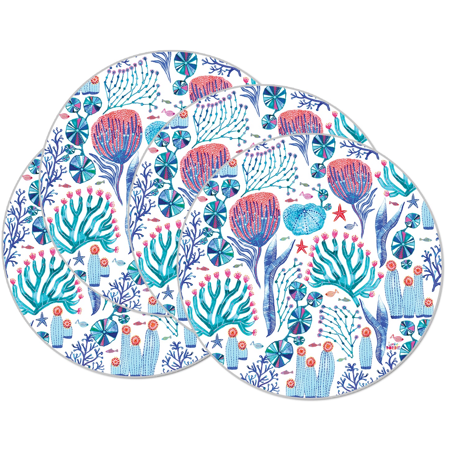 CounterArt Bright Lagoon 4 Pack Round Reversible Easy Care Flexible Placemats Made in the USA
