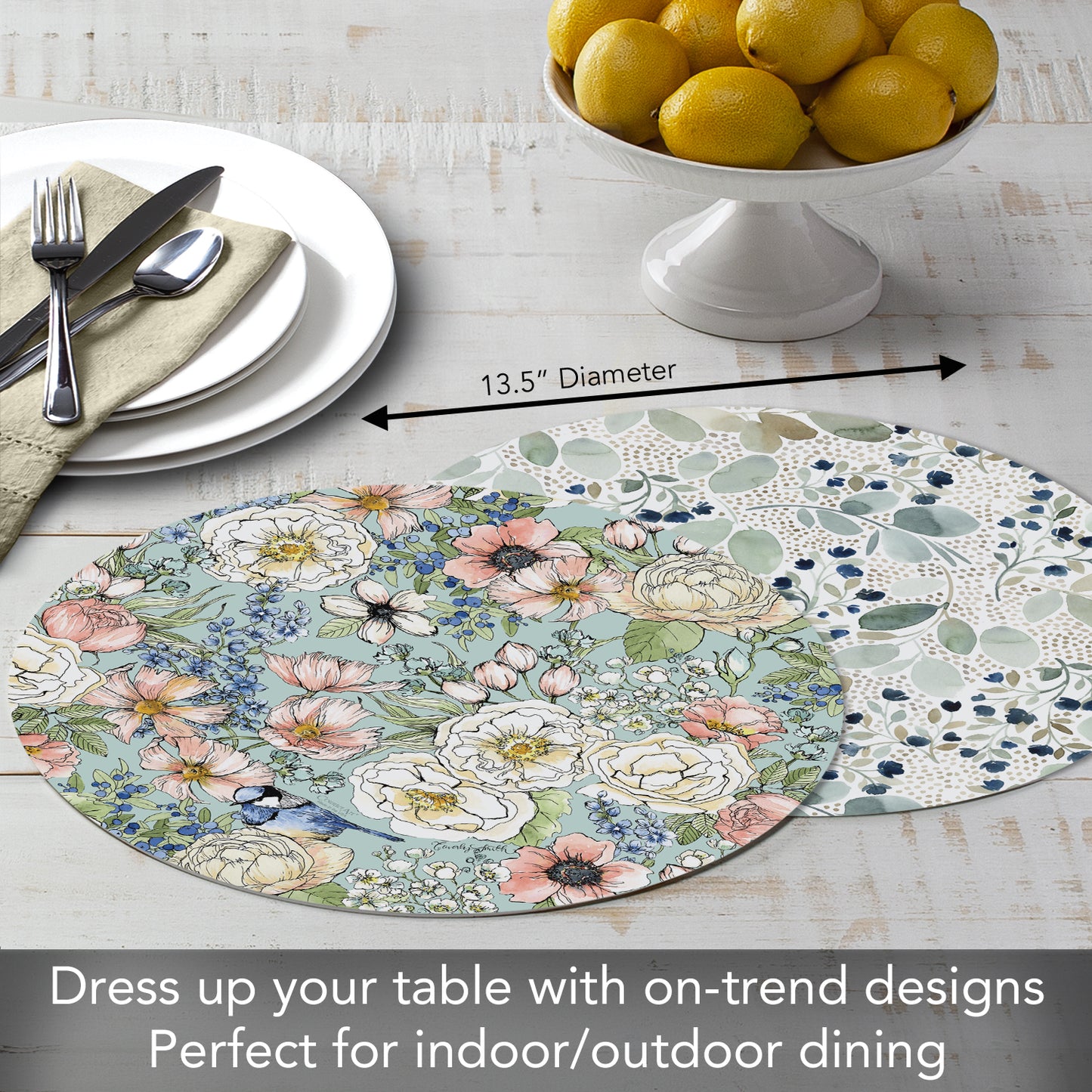 CounterArt Nature's Notebook 4 Pack Round Reversible Easy Care Flexible Placemats Made in the USA