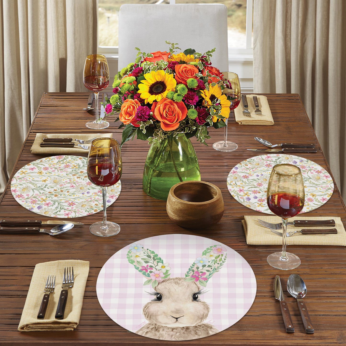 CounterArt Bunny Floral 4 Pack Round Reversible Easy Care Flexible Placemats Made in the USA