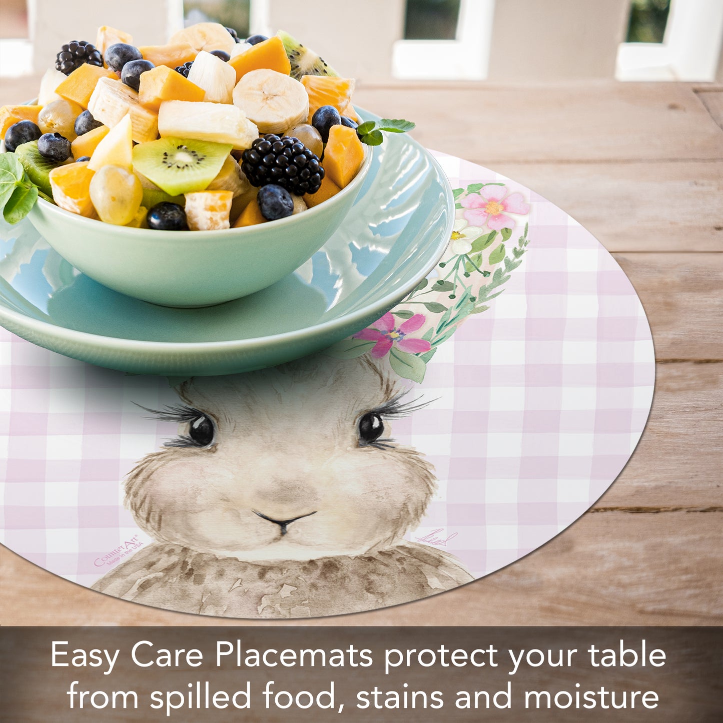 CounterArt Bunny Floral 4 Pack Round Reversible Easy Care Flexible Placemats Made in the USA