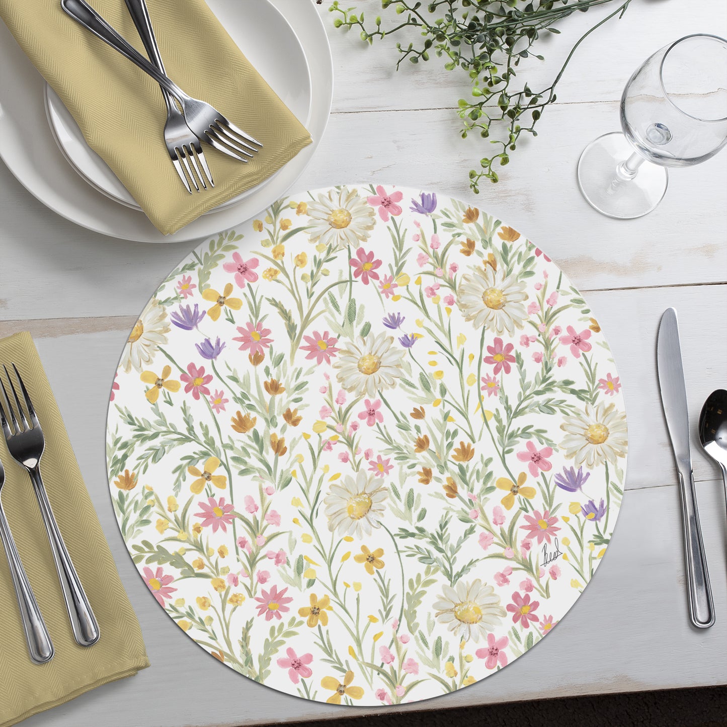 CounterArt Bunny Floral 4 Pack Round Reversible Easy Care Flexible Placemats Made in the USA
