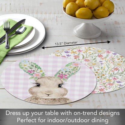 CounterArt Bunny Floral 4 Pack Round Reversible Easy Care Flexible Placemats Made in the USA