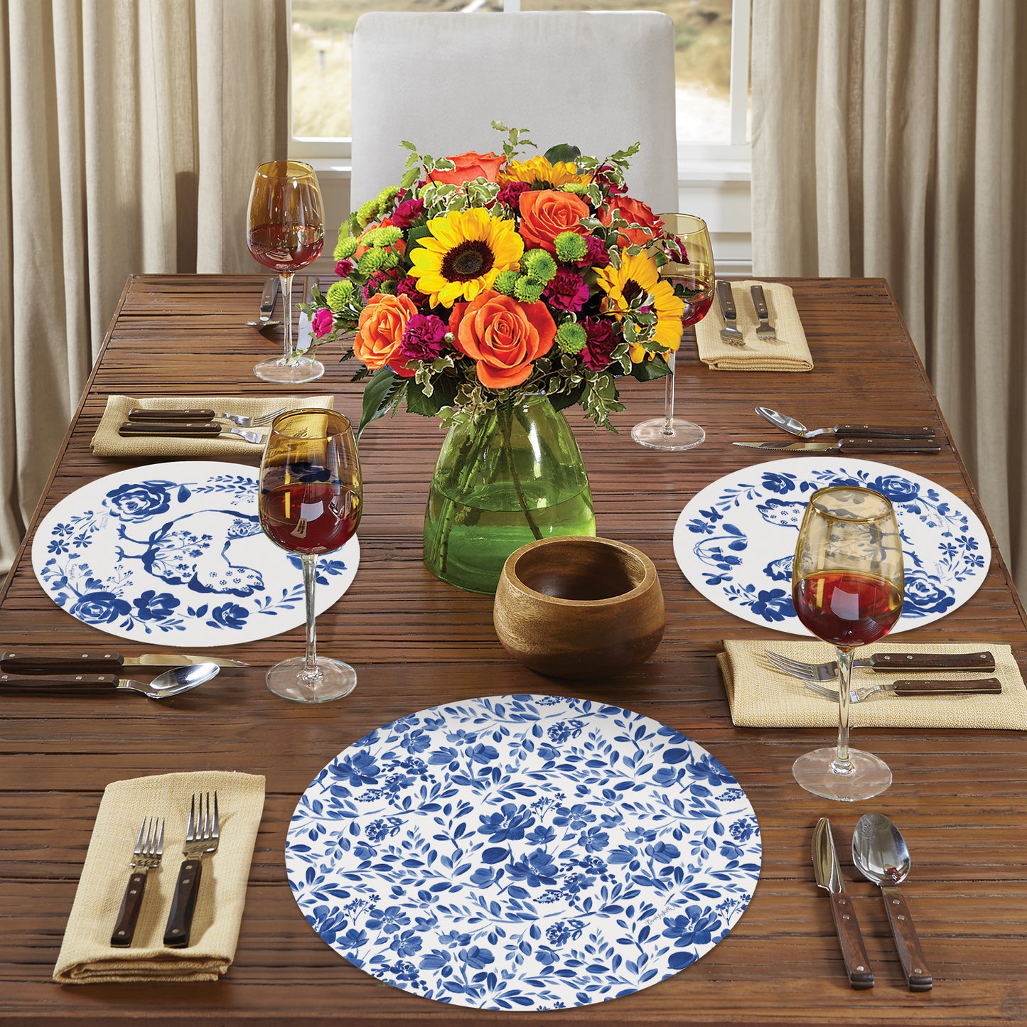 CounterArt Painted Blue Flowers 4 Pack Round Reversible Easy Care Flexible Placemats Made in the USA