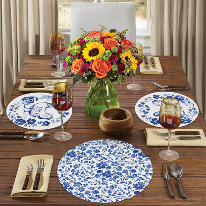CounterArt Painted Blue Flowers 4 Pack Round Reversible Easy Care Flexible Placemats Made in the USA