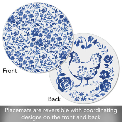 CounterArt Painted Blue Flowers 4 Pack Round Reversible Easy Care Flexible Placemats Made in the USA