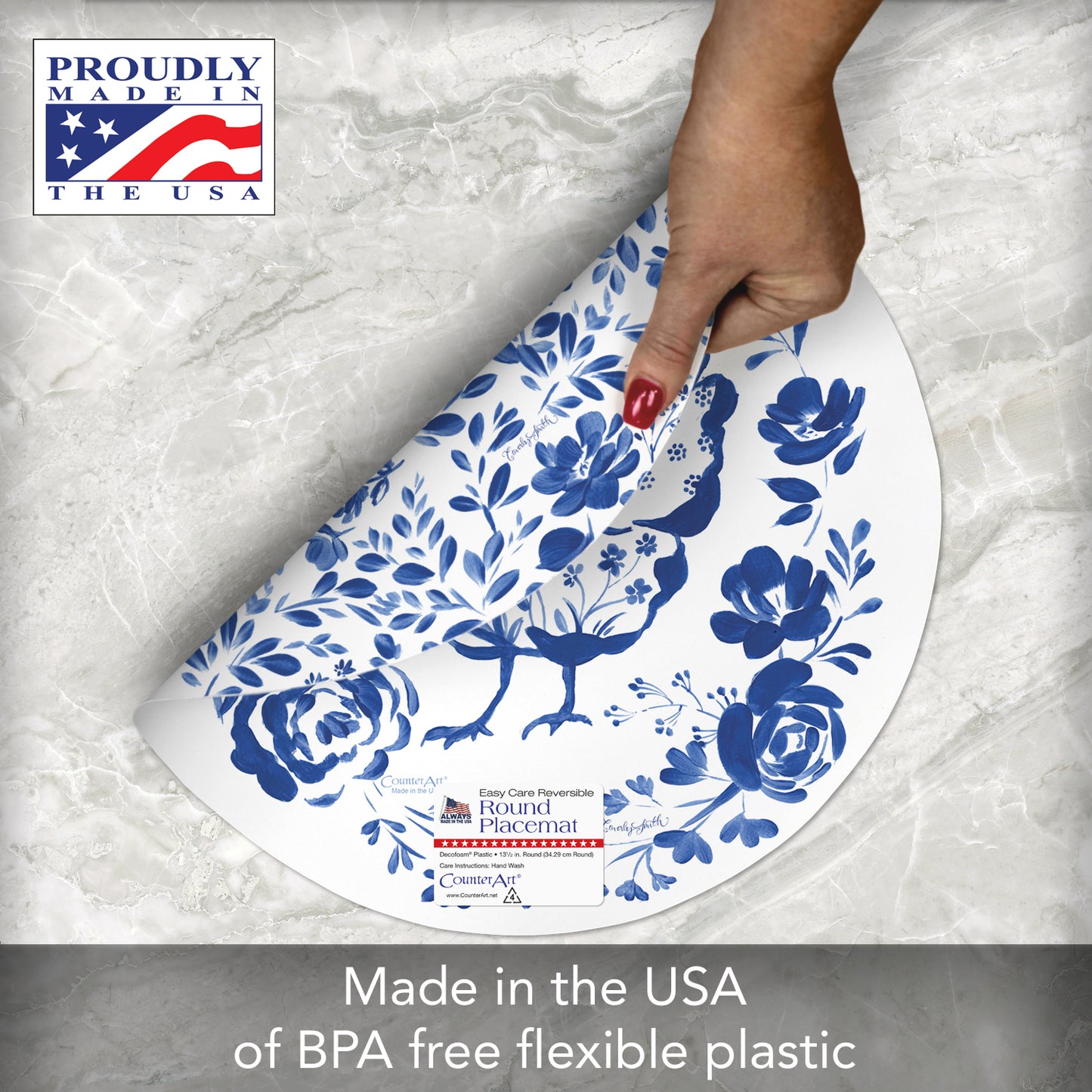 CounterArt Painted Blue Flowers 4 Pack Round Reversible Easy Care Flexible Placemats Made in the USA