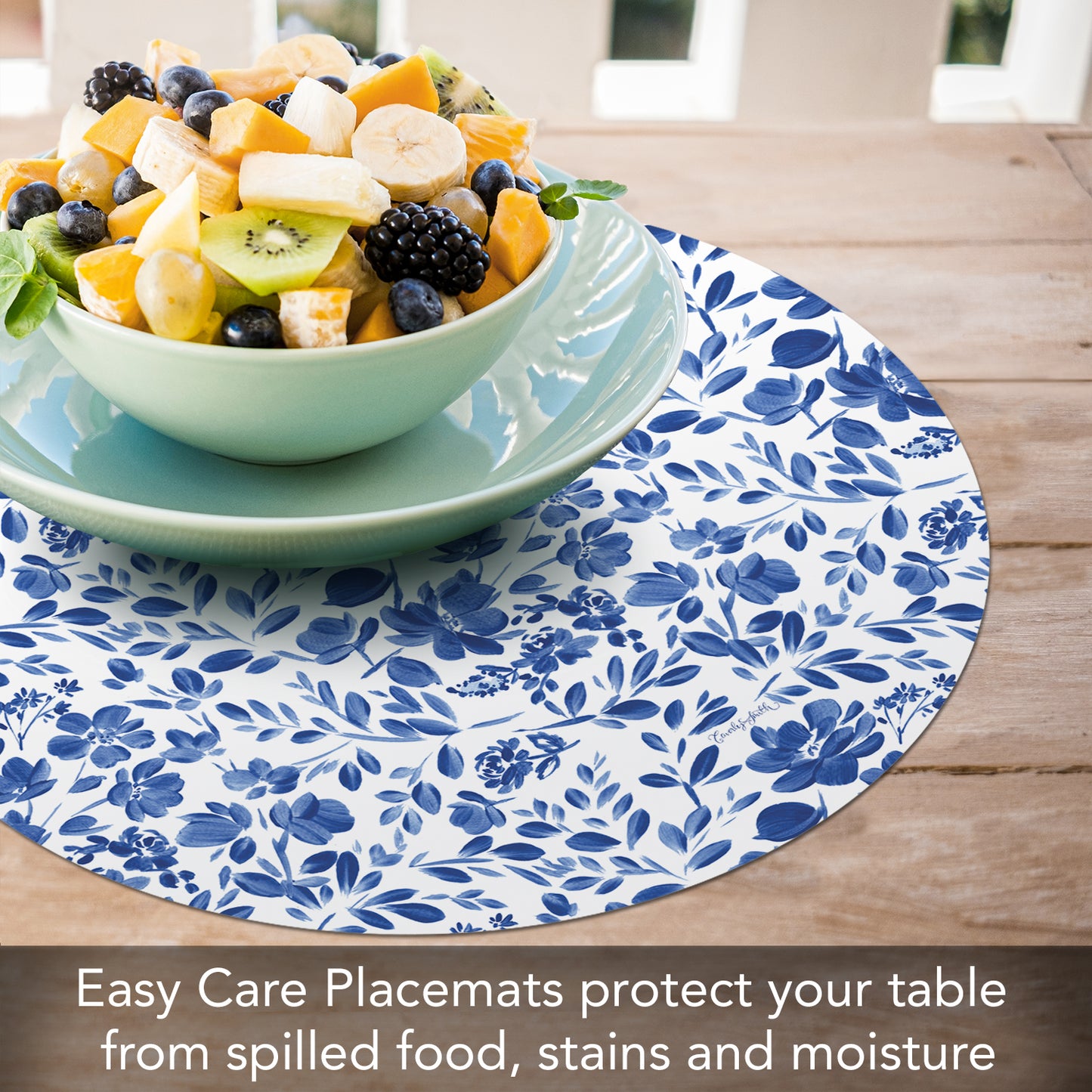 CounterArt Painted Blue Flowers 4 Pack Round Reversible Easy Care Flexible Placemats Made in the USA