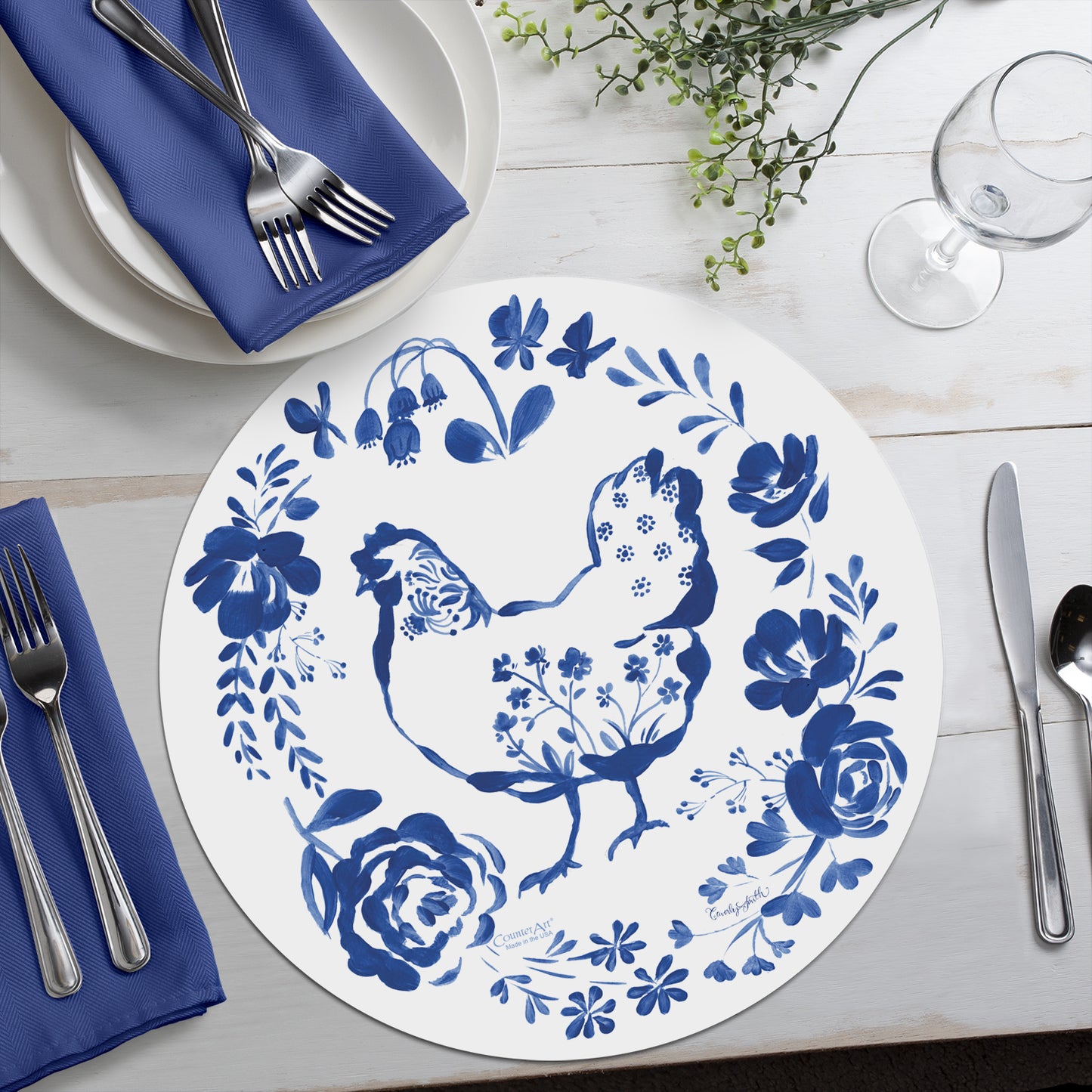 CounterArt Painted Blue Flowers 4 Pack Round Reversible Easy Care Flexible Placemats Made in the USA