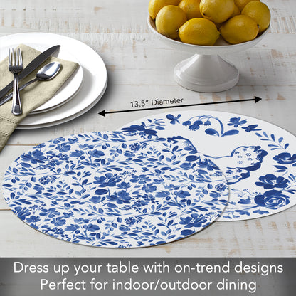 CounterArt Painted Blue Flowers 4 Pack Round Reversible Easy Care Flexible Placemats Made in the USA