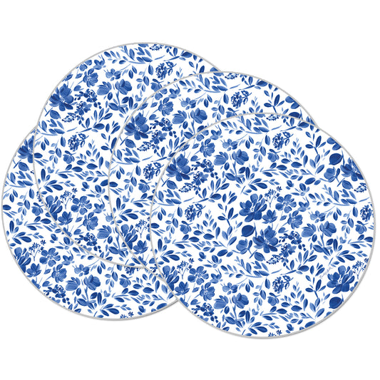 CounterArt Painted Blue Flowers 4 Pack Round Reversible Easy Care Flexible Placemats Made in the USA