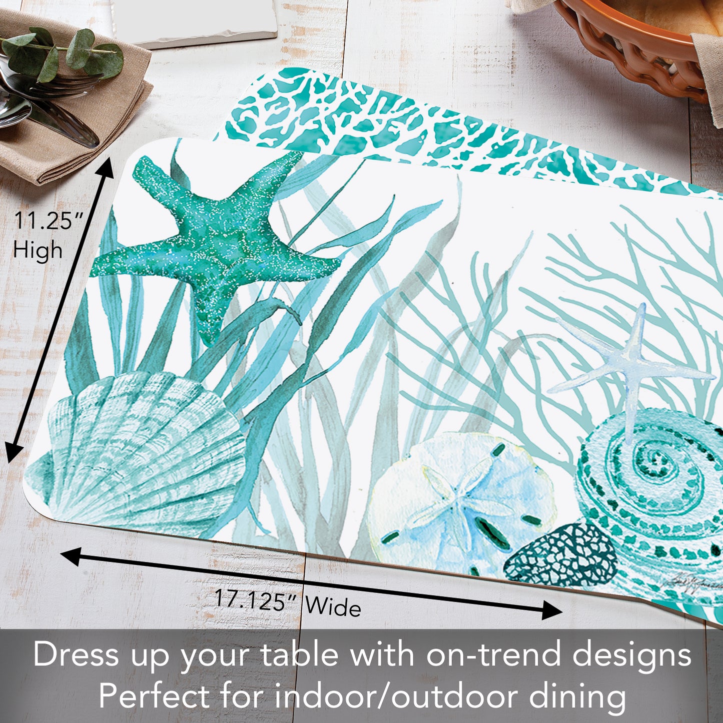 CounterArt Coral Life 4 Pack Reversible Easy Care Flexible Placemats Made in the USA