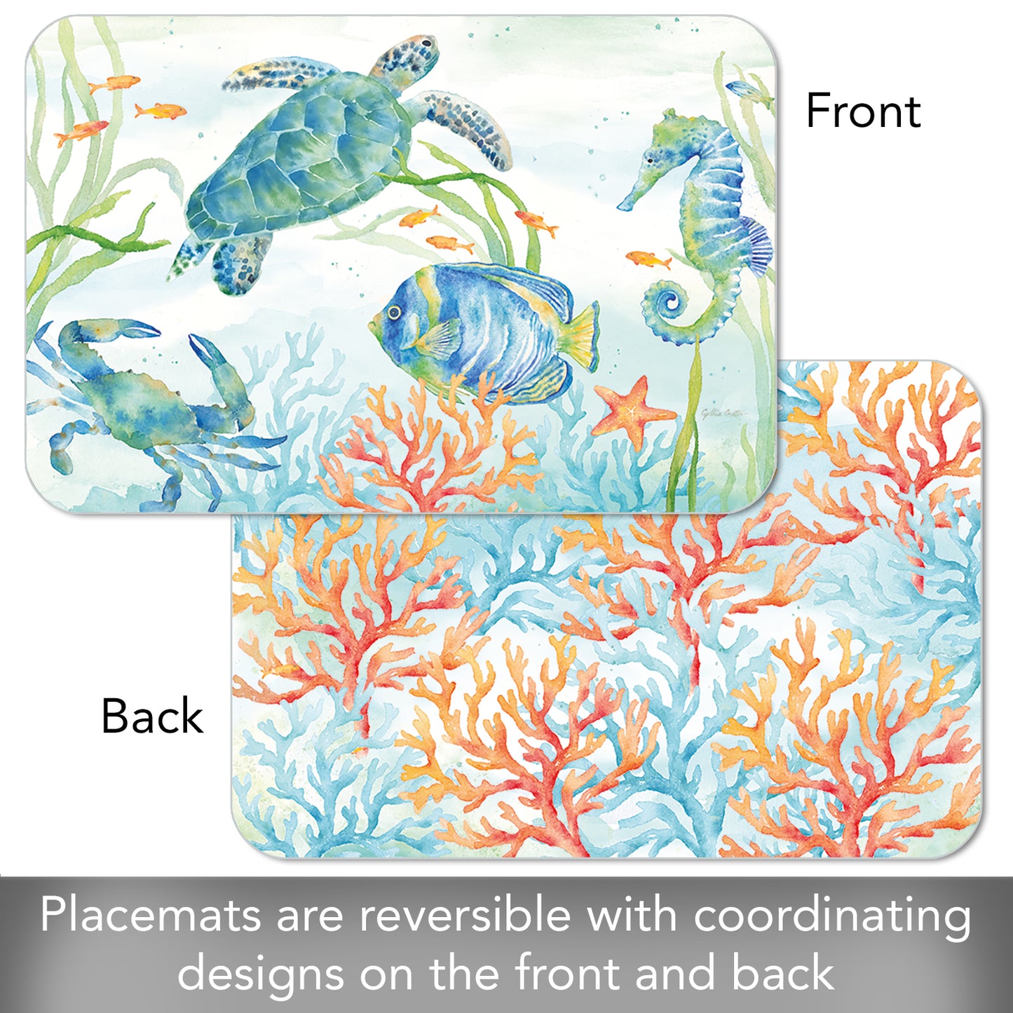 CounterArt Sea Life Serenade 4 Pack Reversible Easy Care Flexible Placemats Made in the USA