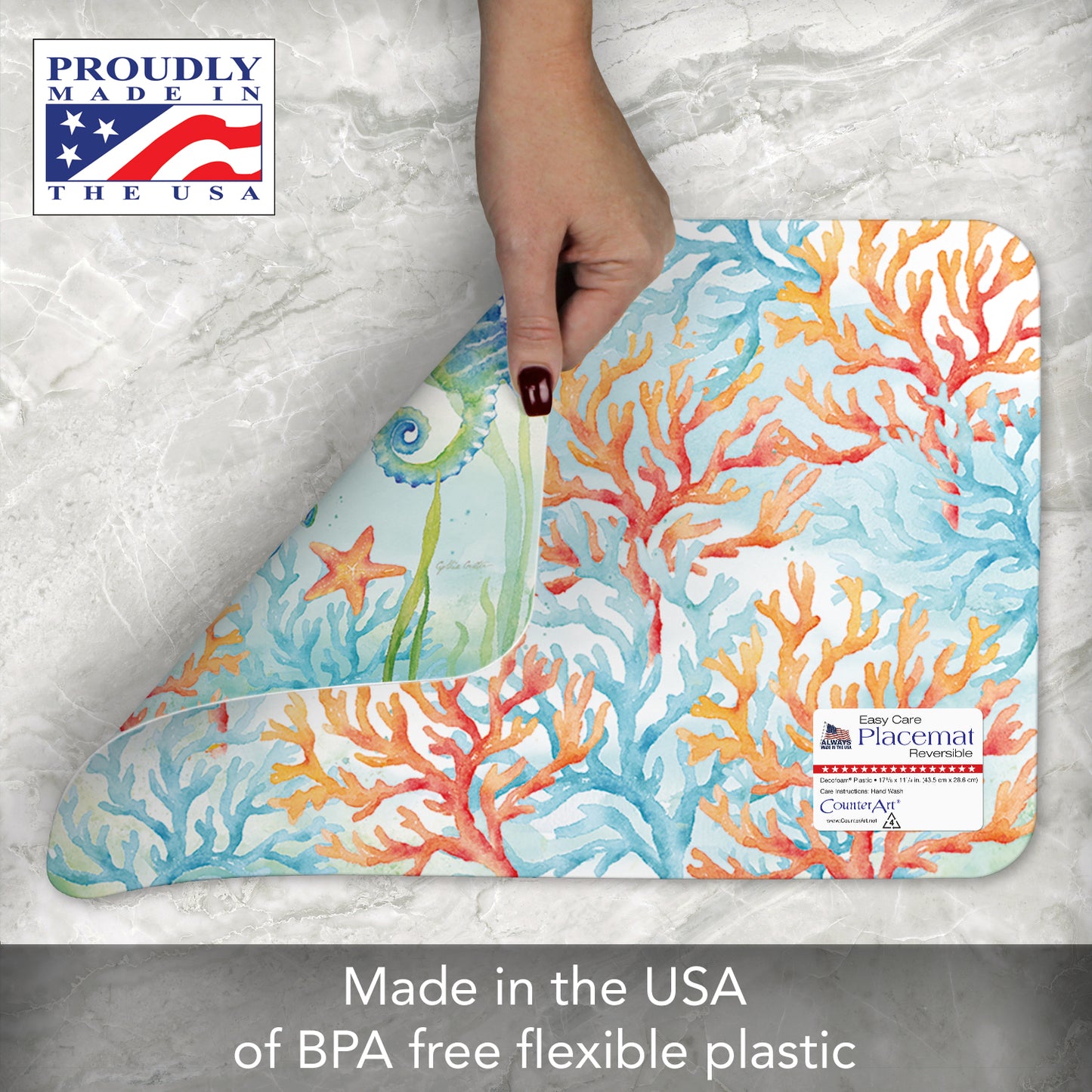 CounterArt Sea Life Serenade 4 Pack Reversible Easy Care Flexible Placemats Made in the USA