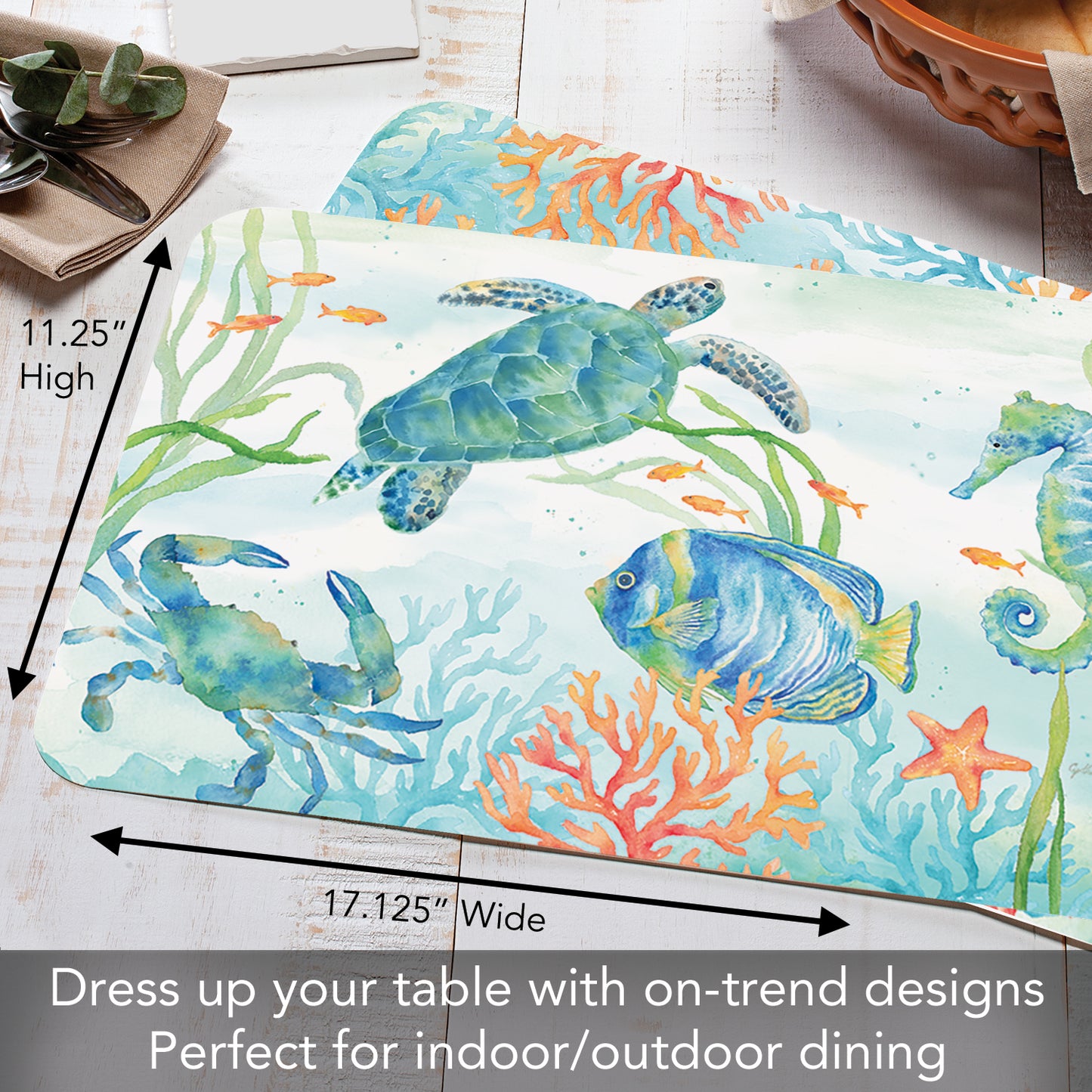 CounterArt Sea Life Serenade 4 Pack Reversible Easy Care Flexible Placemats Made in the USA