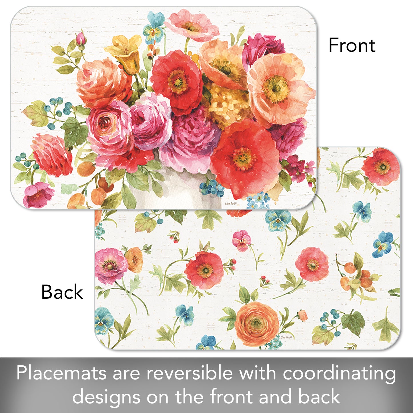 Counterart Country Fresh Flowers 4 Pack Reversible Easy Care Flexible Plastic Placemats Made in The USA BPA Free Easily Wipes Clean