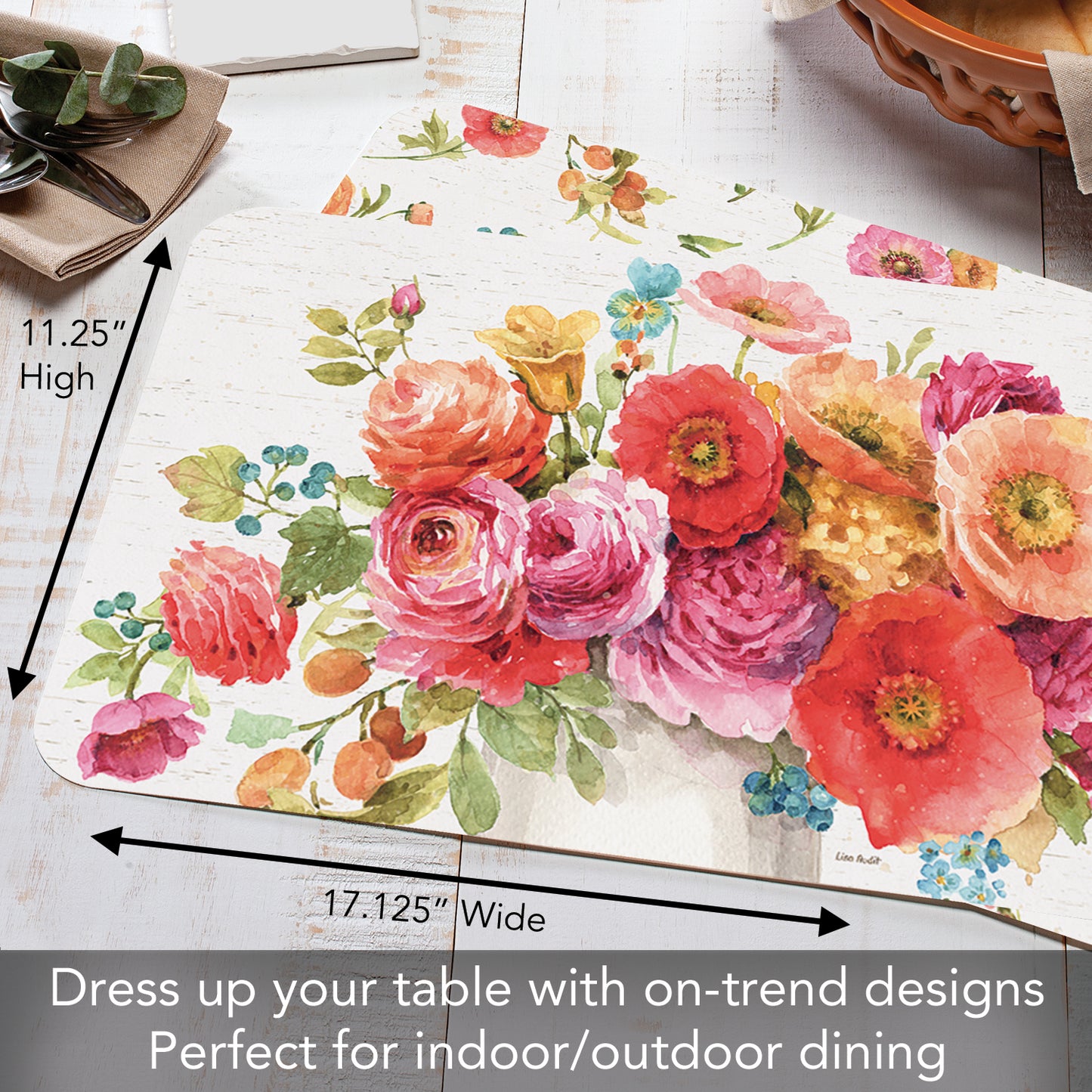 Counterart Country Fresh Flowers 4 Pack Reversible Easy Care Flexible Plastic Placemats Made in The USA BPA Free Easily Wipes Clean