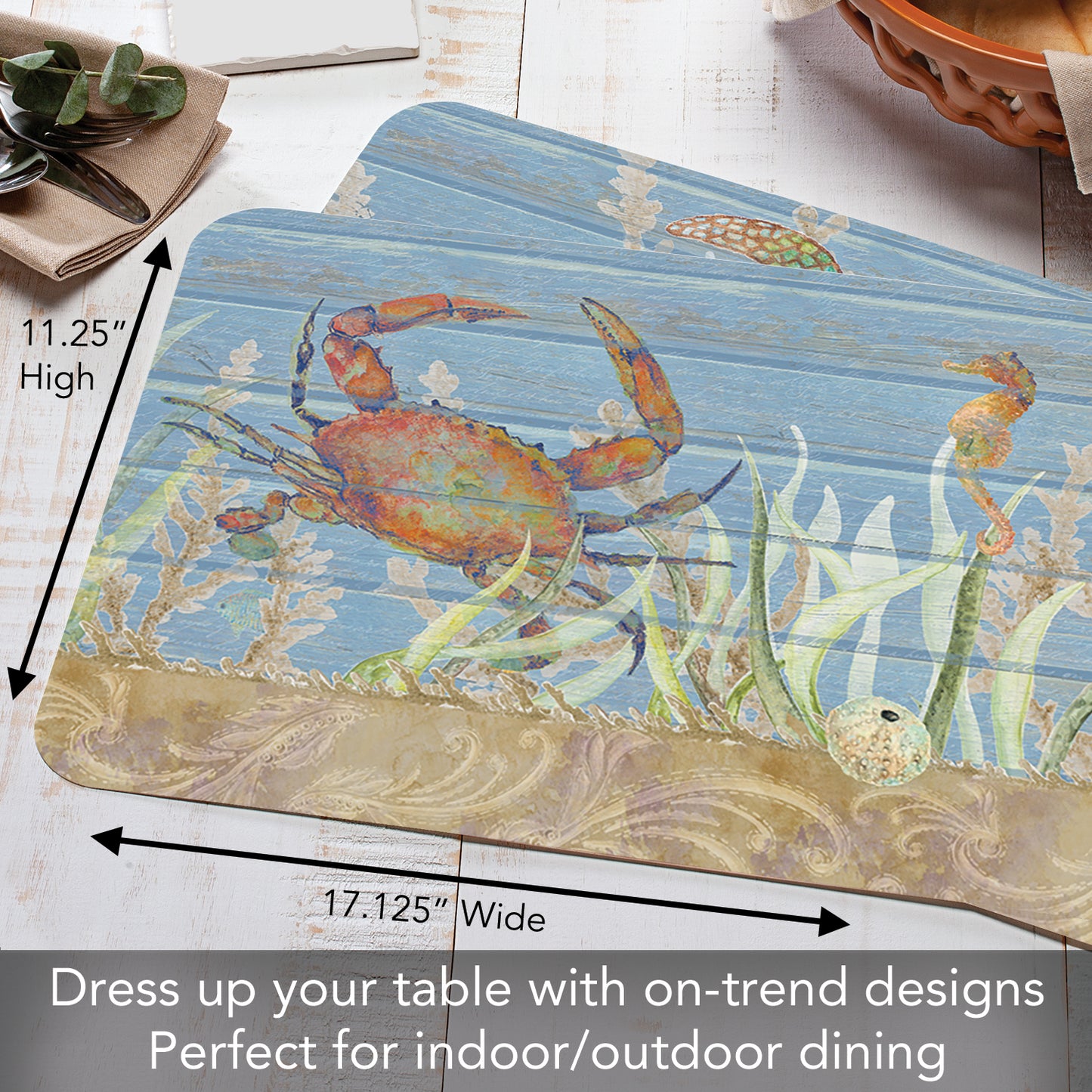CounterArt Crab Life 4 Pack Reversible Easy Care Flexible Placemats Made in the USA