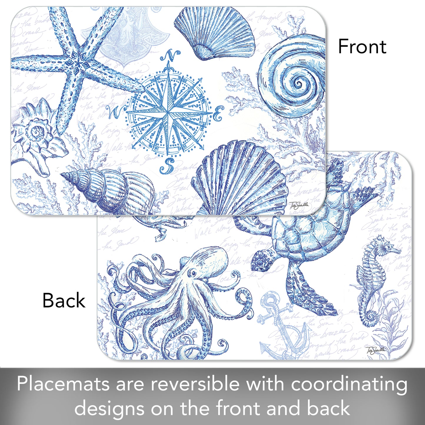 CounterArt Coastal Sketch 4 Pack Reversible Easy Care Flexible Placemats Made in the USA