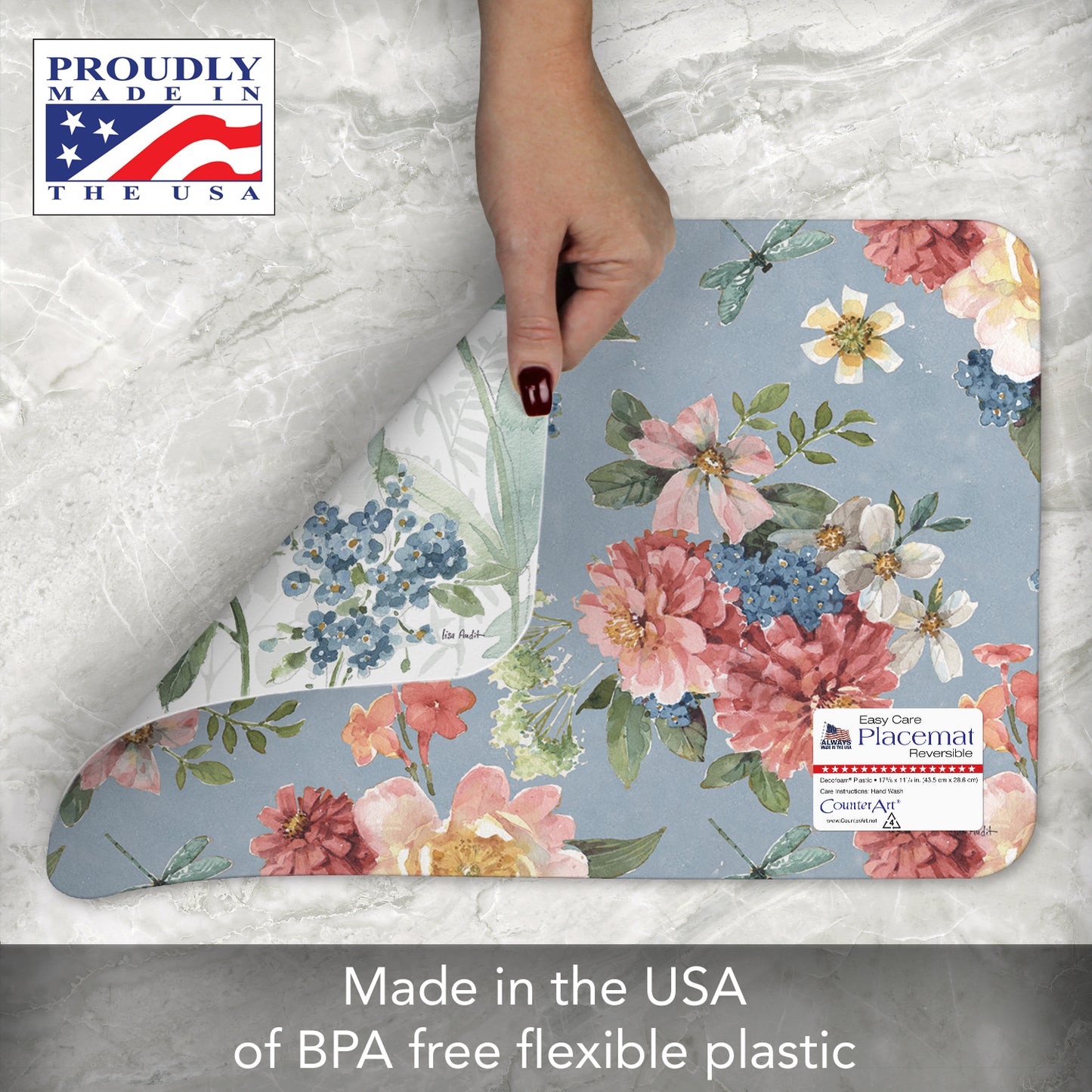 CounterArt Spring Meadow 4 Pack Reversible Easy Care Flexible Placemats Made in the USA