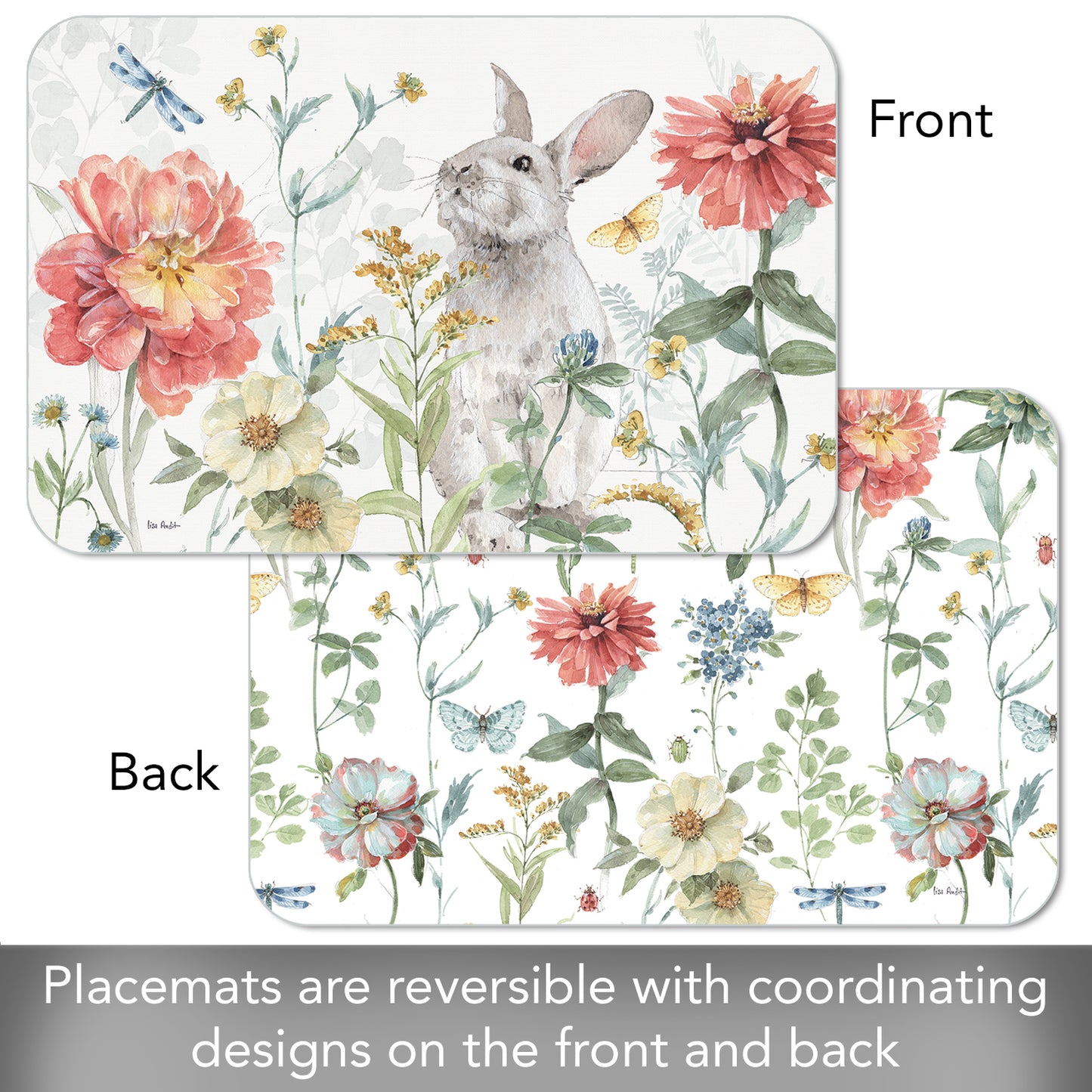 CounterArt Spring Meadow Bunny 4 Pack Reversible Easy Care Flexible Placemats Made in the USA (Copy)
