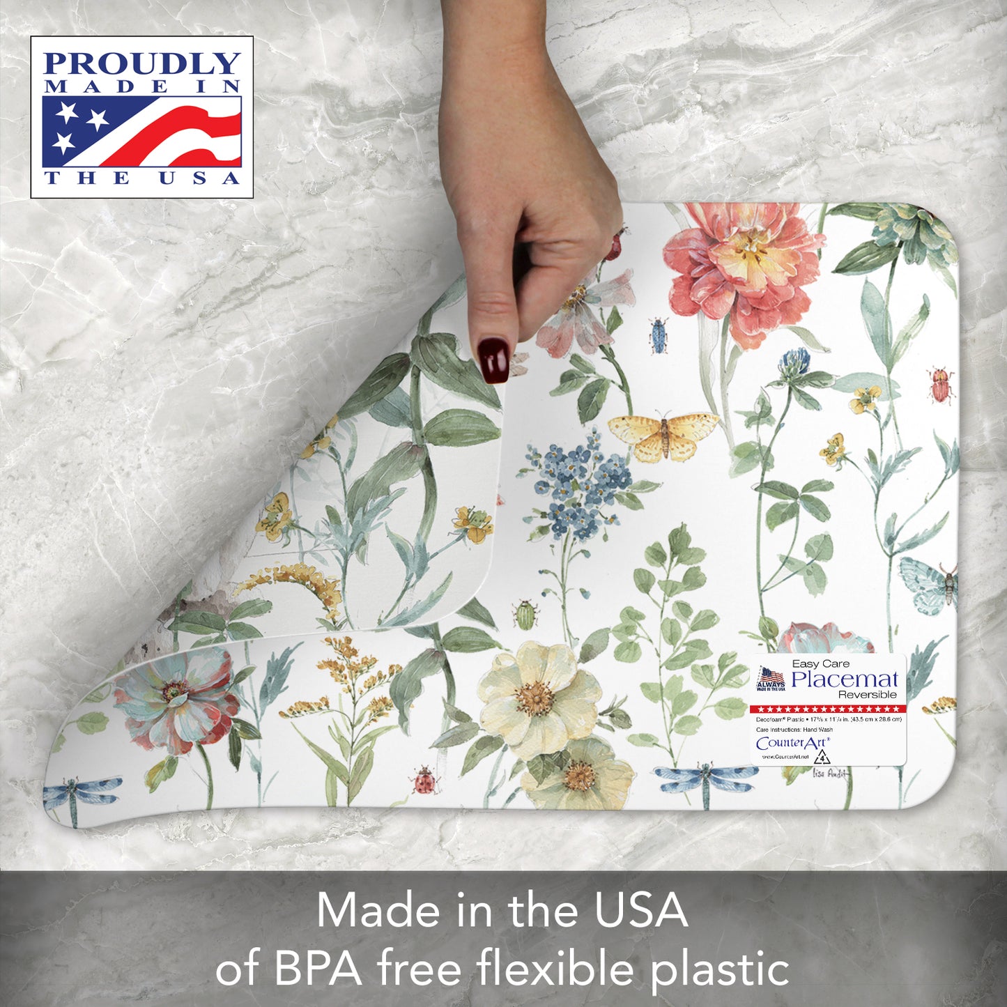 CounterArt Spring Meadow Bunny 4 Pack Reversible Easy Care Flexible Placemats Made in the USA (Copy)