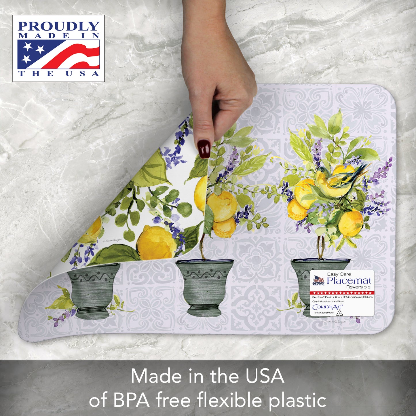 CounterArt Watercolor Lemons 4 Pack Reversible Easy Care Flexible Placemats Made in the USA
