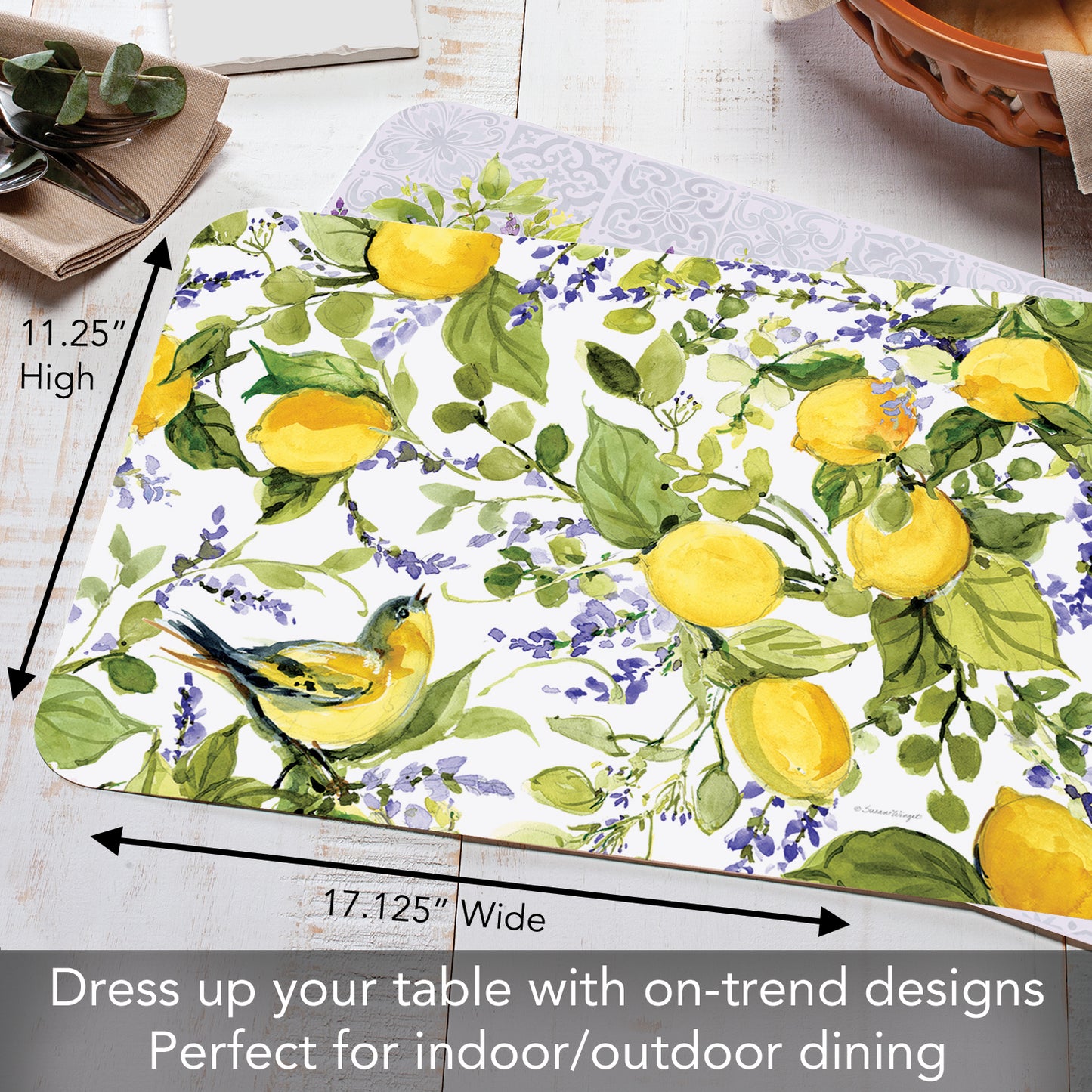 CounterArt Watercolor Lemons 4 Pack Reversible Easy Care Flexible Placemats Made in the USA