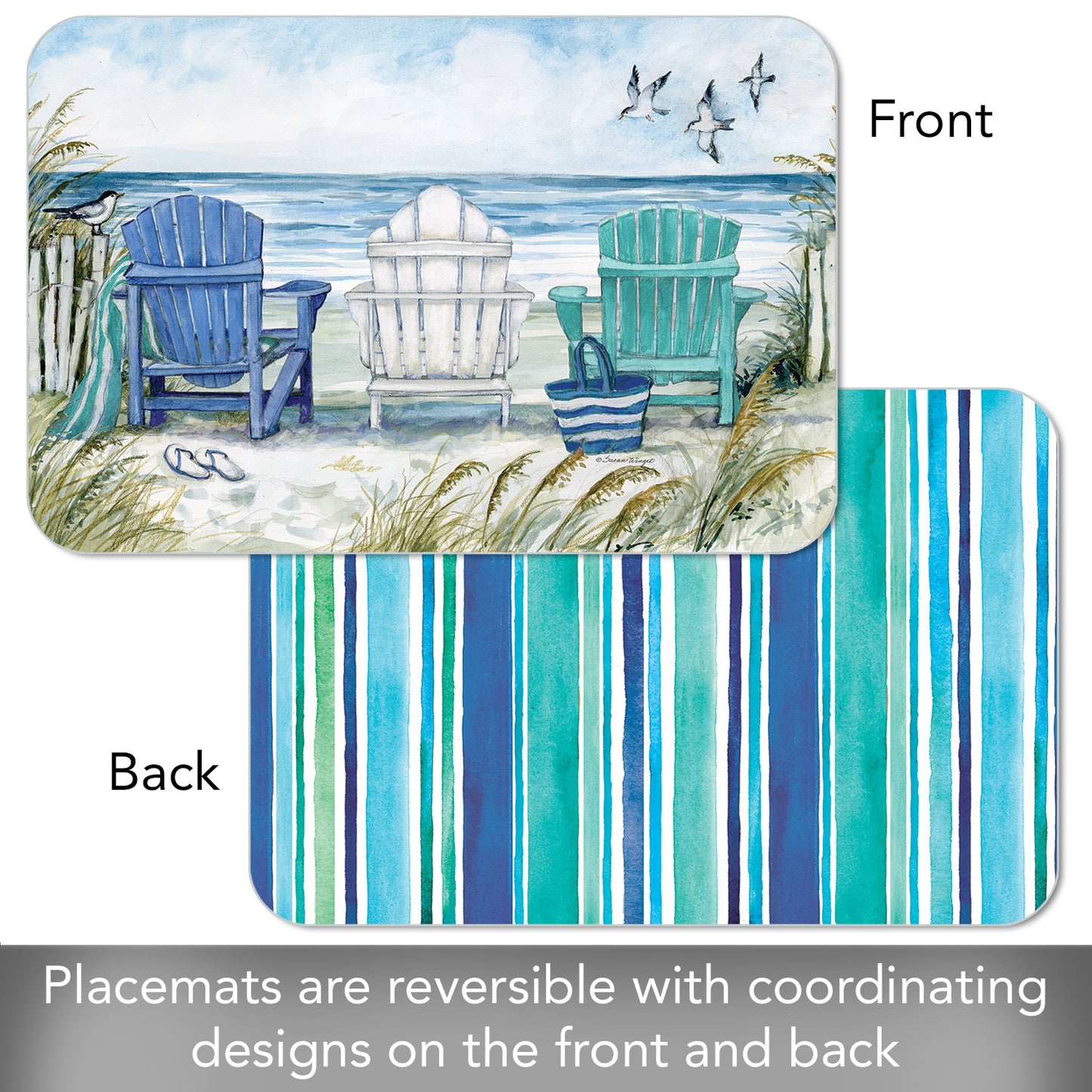CounterArt Chairs by The Sea 4 Pack Reversible Easy Care Flexible Plastic Placemats Made in The USA BPA Free Easily Wipes Clean Multicolor