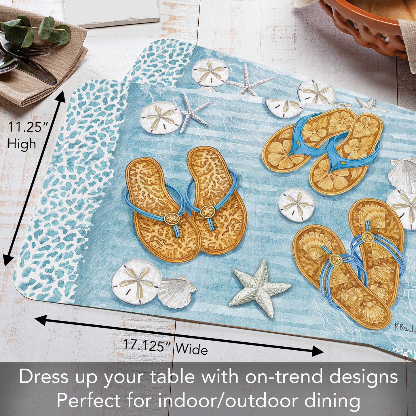CounterArt Key Largo Sandals 4 Pack Reversible Easy Care Flexible Placemats Made in the USA