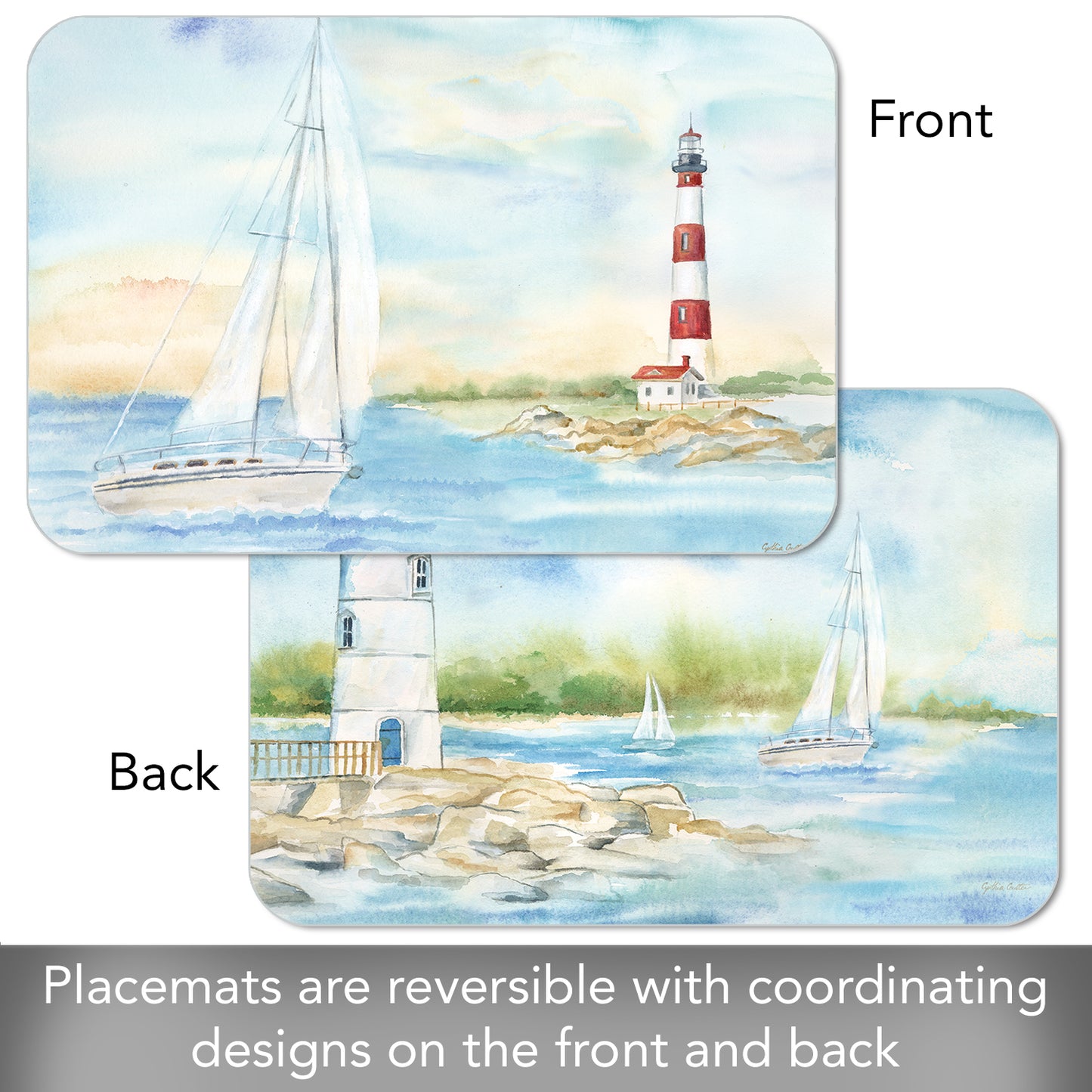 CounterArt Lighthouse Scene 4 Pack Reversible Easy Care Flexible Placemats Made in the USA
