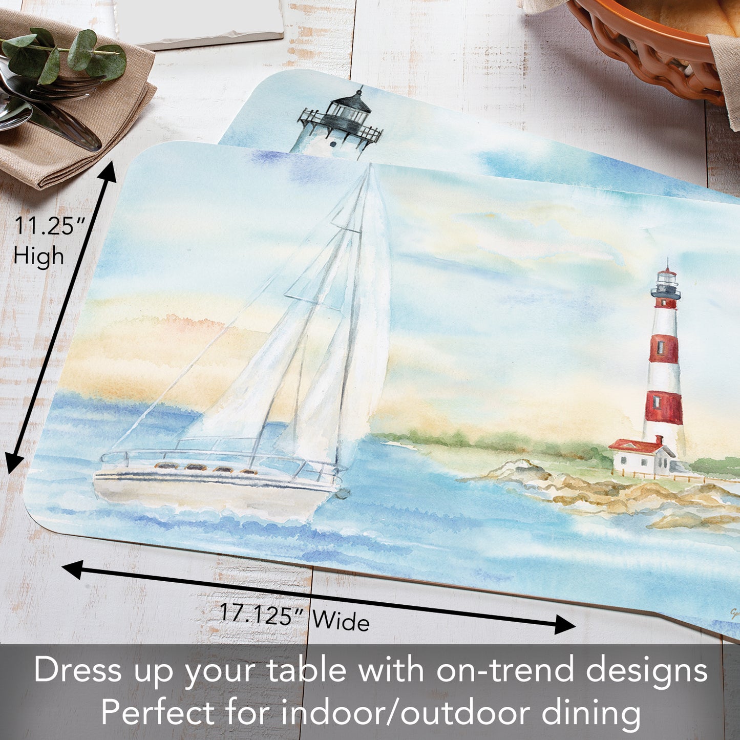 CounterArt Lighthouse Scene 4 Pack Reversible Easy Care Flexible Placemats Made in the USA