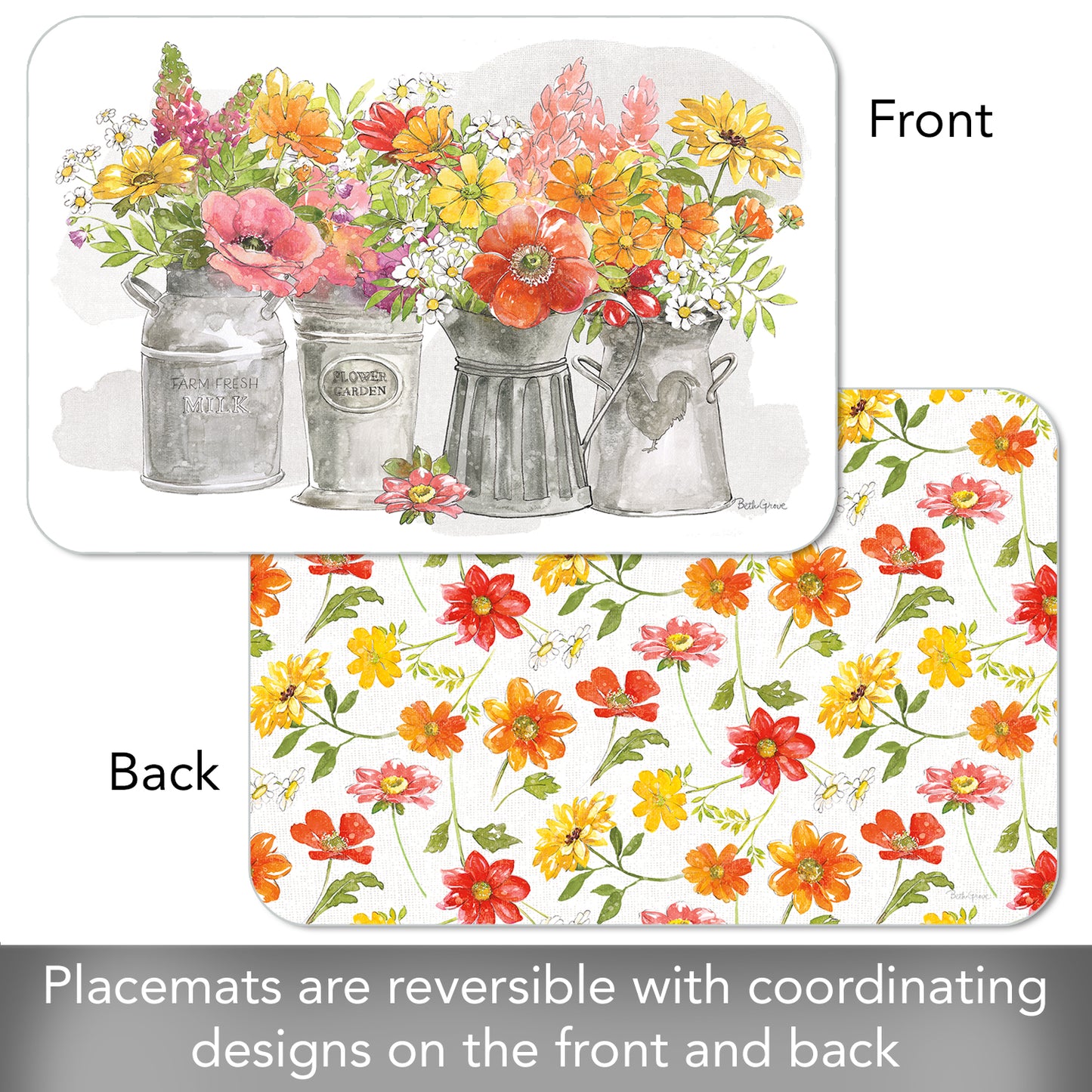 CounterArt Farmhouse Floral 4 Pack Reversible Easy Care Flexible Placemats Made in the USA