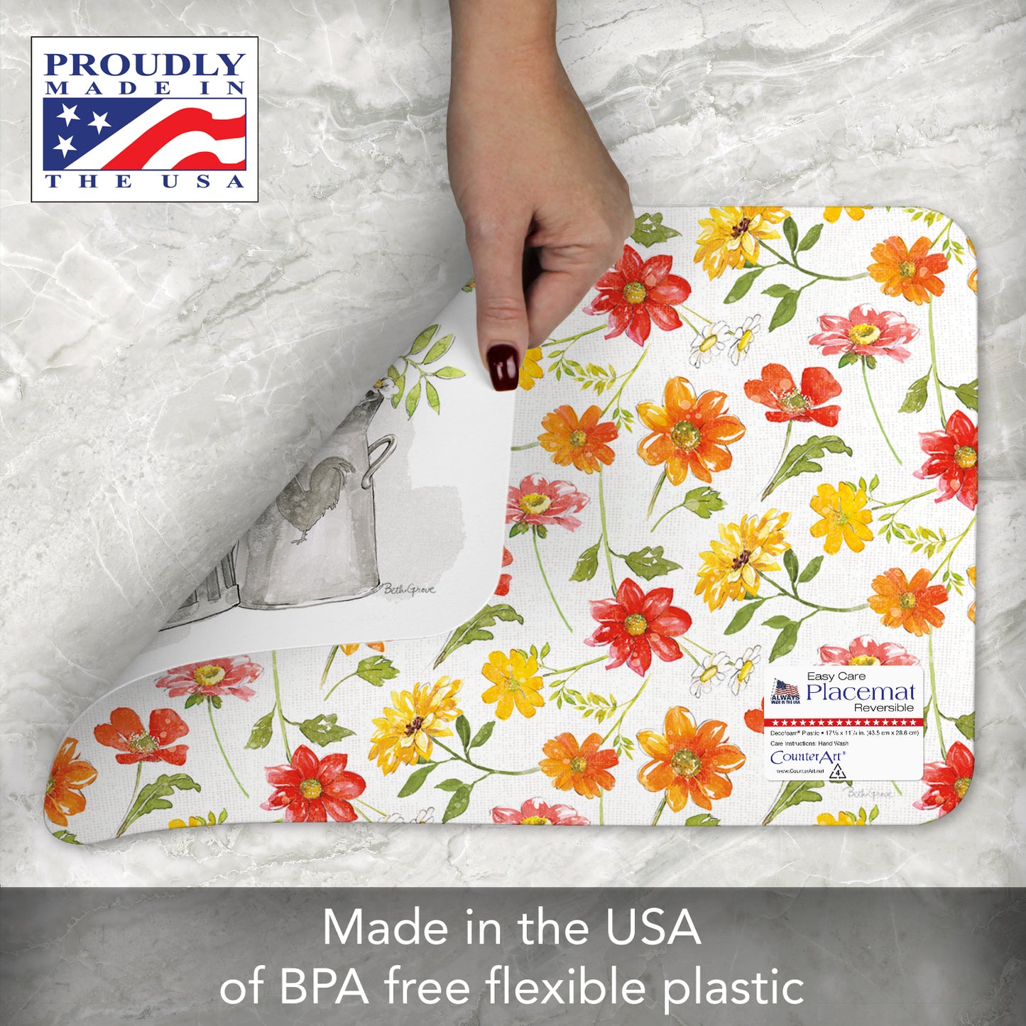 CounterArt Farmhouse Floral 4 Pack Reversible Easy Care Flexible Placemats Made in the USA