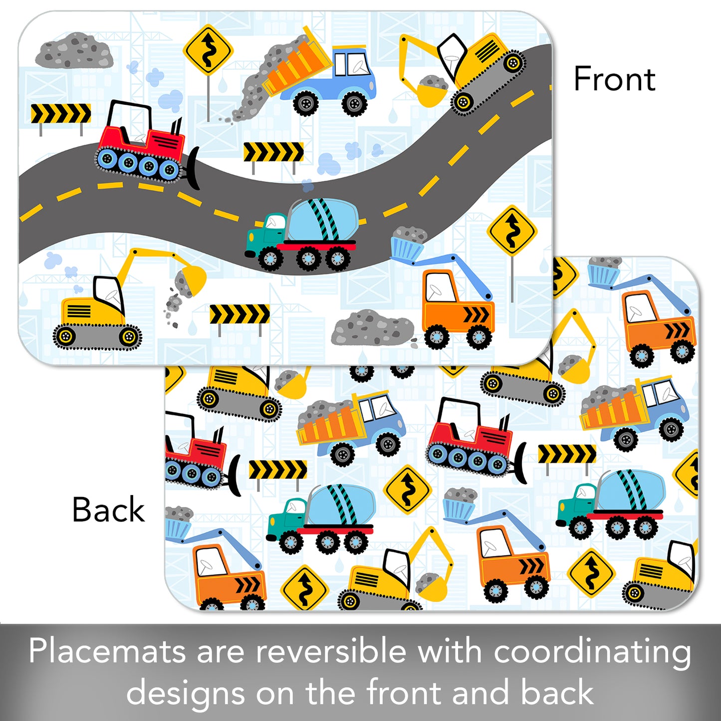 CounterArt Kids Construction Trucks 4 Pack Reversible Easy Care Flexible Placemats Made in the USA