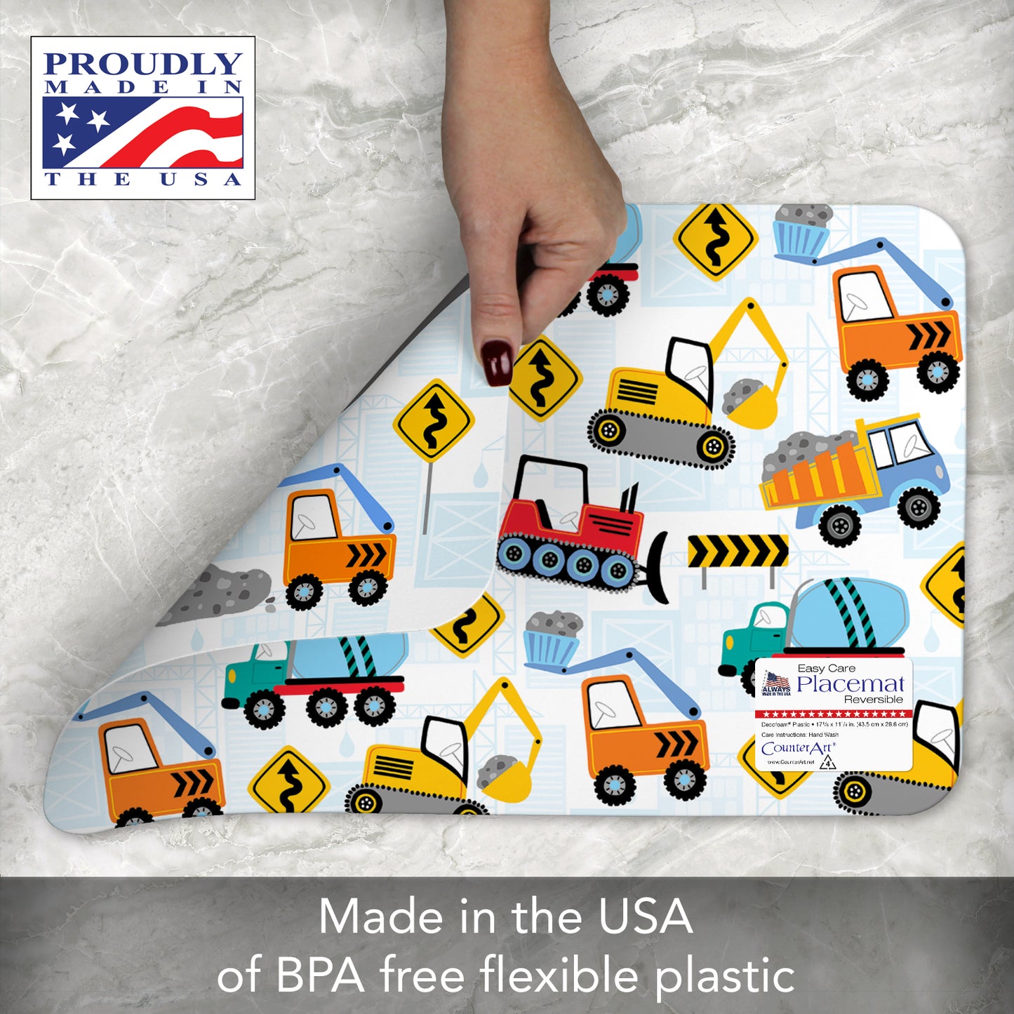 CounterArt Kids Construction Trucks 4 Pack Reversible Easy Care Flexible Placemats Made in the USA