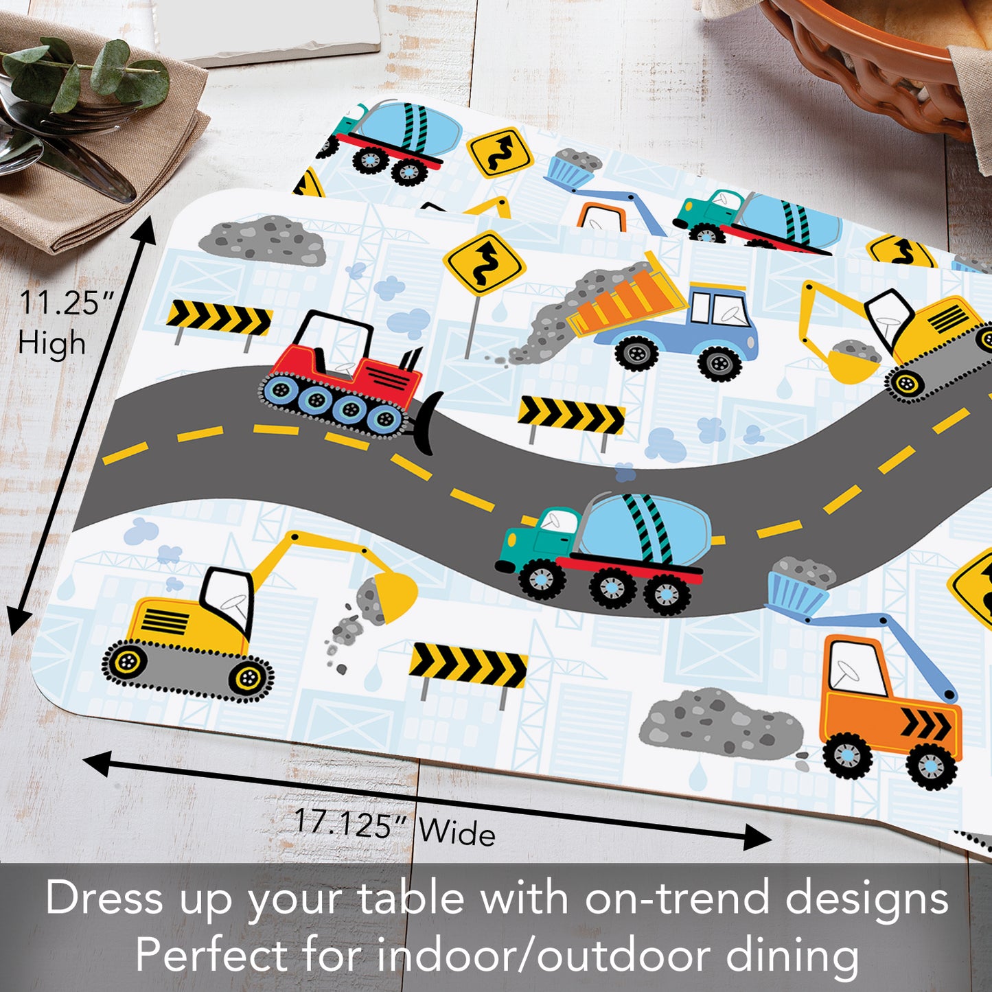 CounterArt Kids Construction Trucks 4 Pack Reversible Easy Care Flexible Placemats Made in the USA