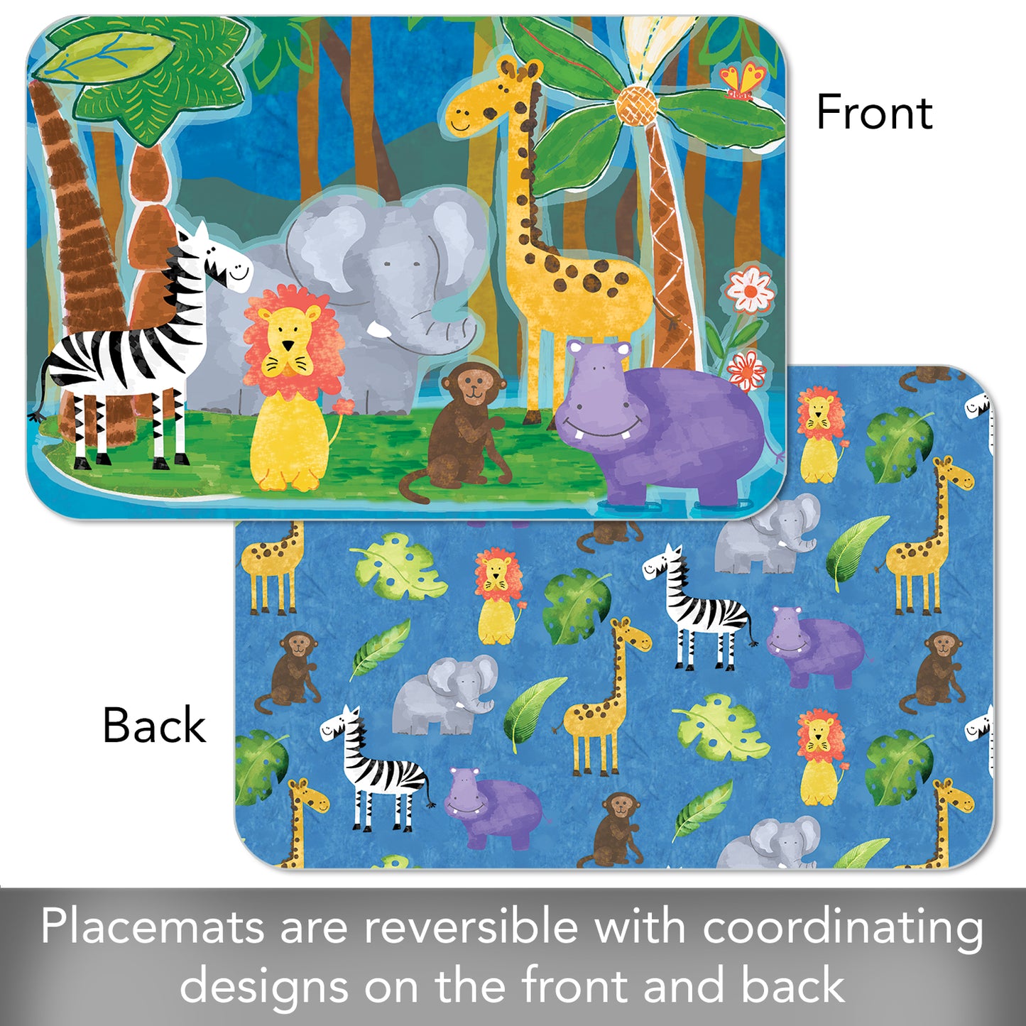 CounterArt Kids Jungle Friends 4 Pack Reversible Easy Care Flexible Placemats Made in the USA