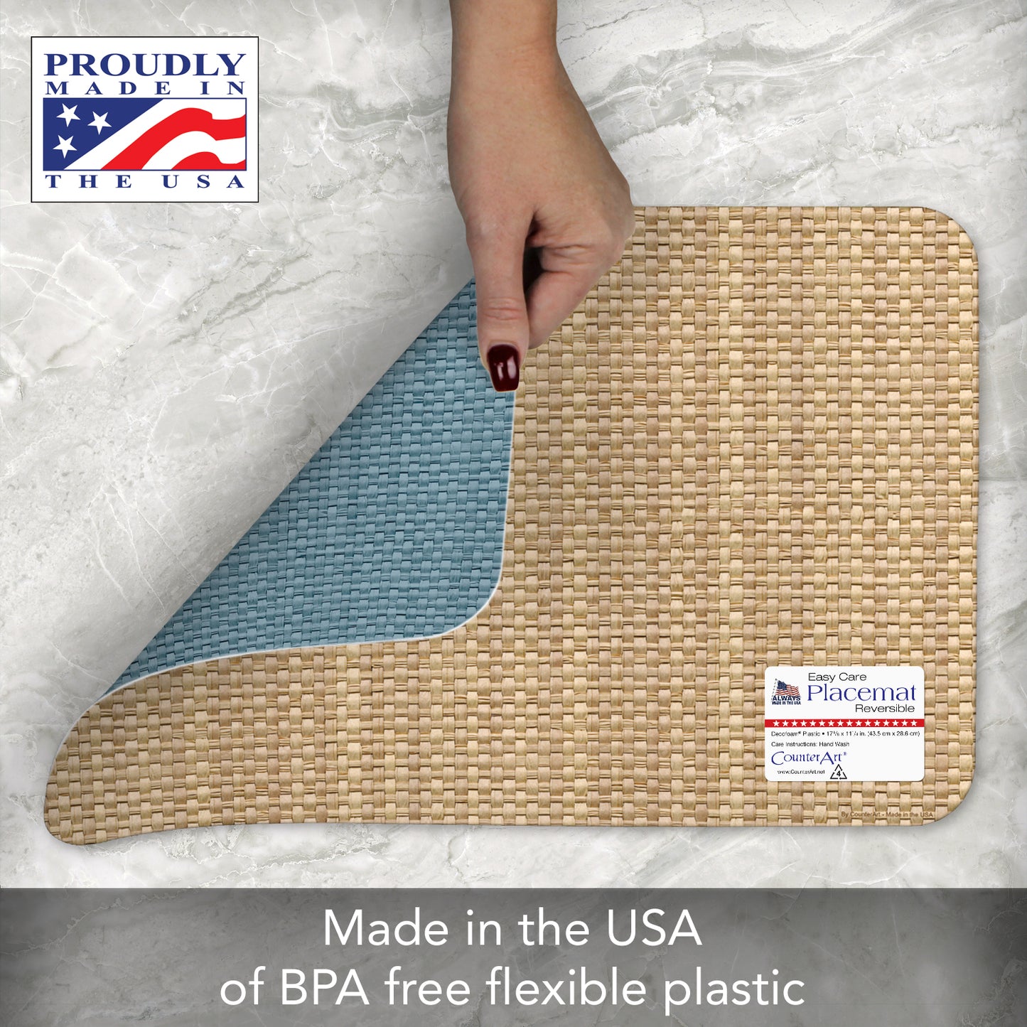 CounterArt Blue Faux Basket Weave 4 Pack Reversible Easy Care Flexible Placemats Made in the USA