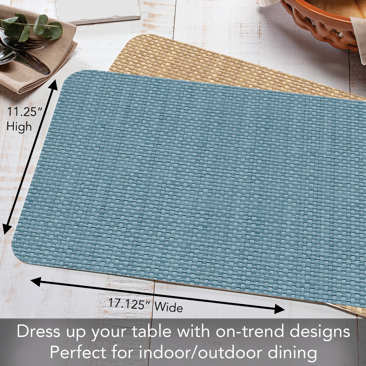CounterArt Blue Faux Basket Weave 4 Pack Reversible Easy Care Flexible Placemats Made in the USA