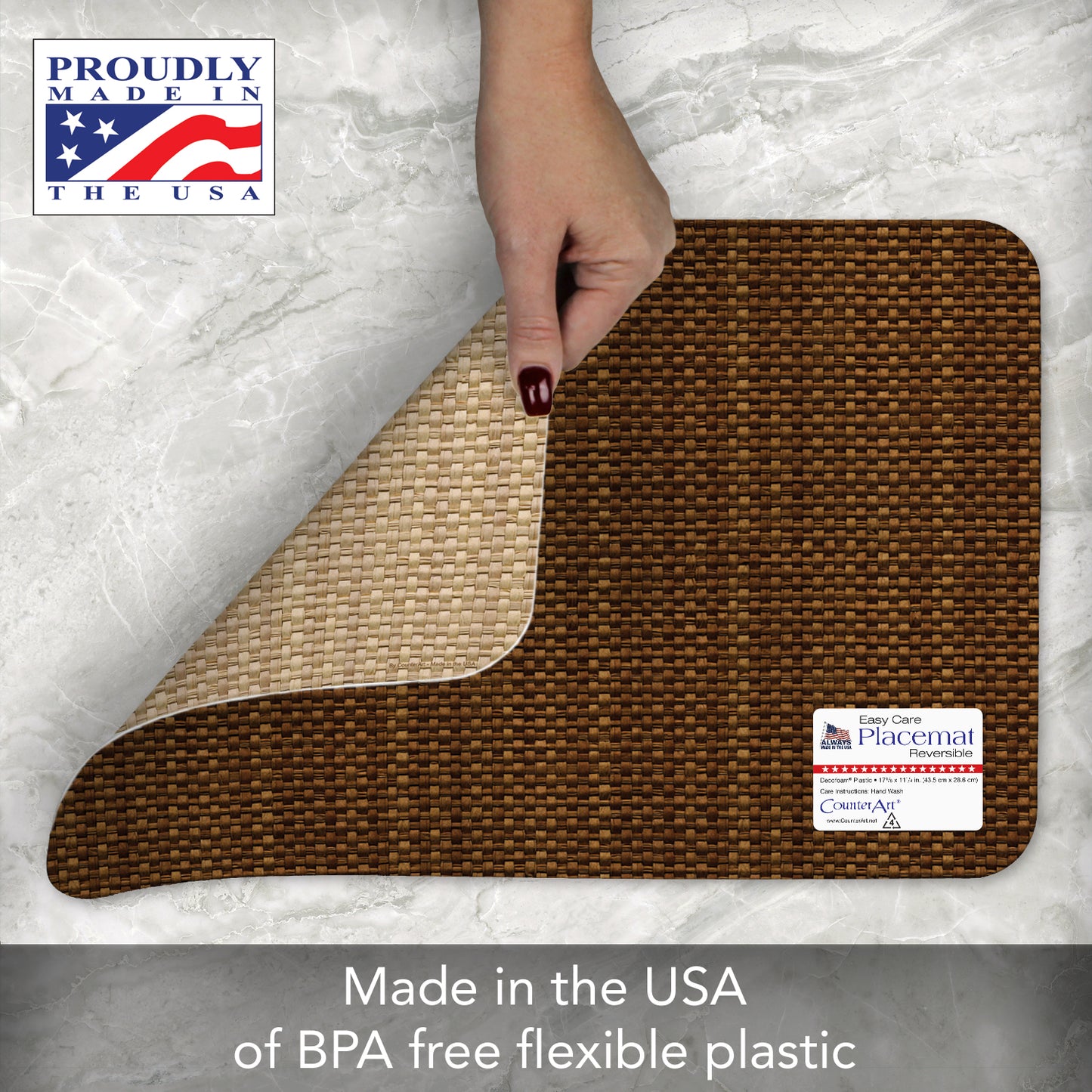 CounterArt Faux Natural Color Basket Weave 4 Pack Reversible Easy Care Flexible Placemats Made in the USA