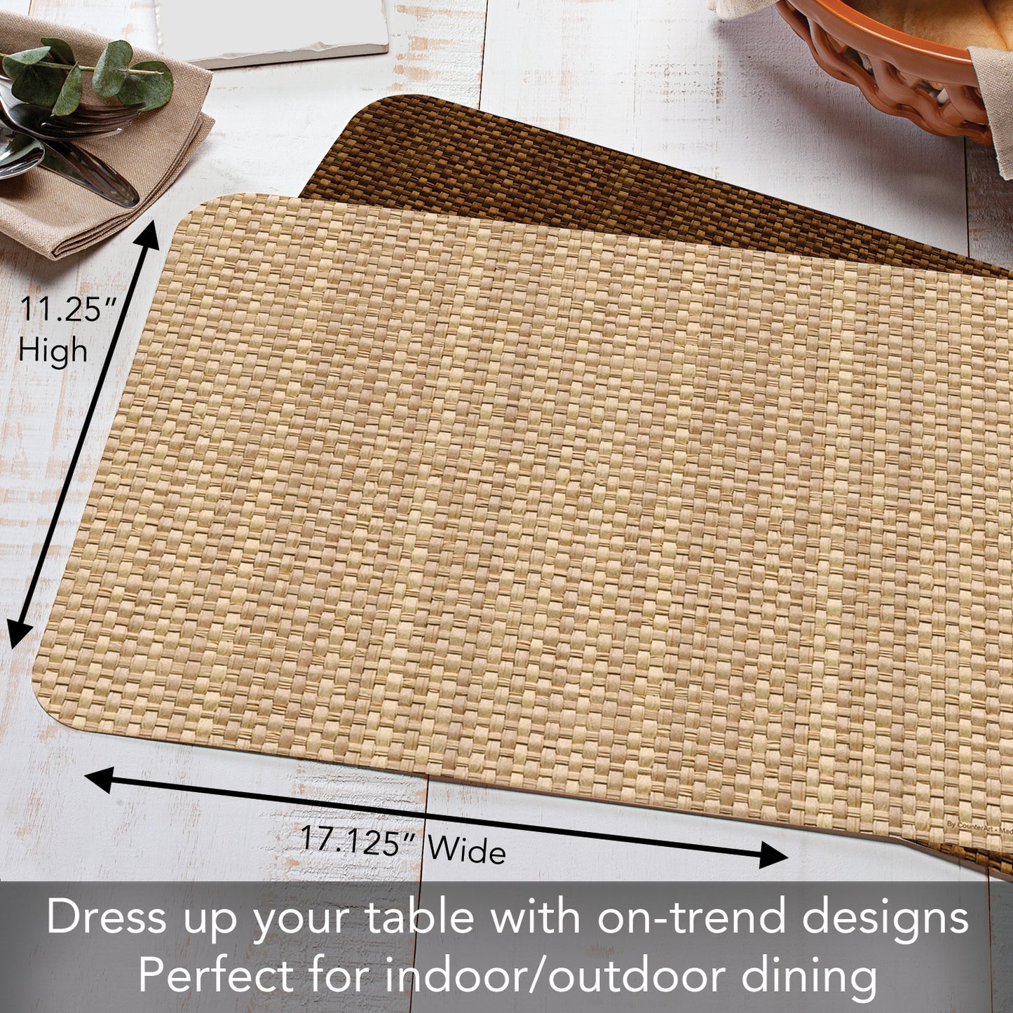 CounterArt Faux Natural Color Basket Weave 4 Pack Reversible Easy Care Flexible Placemats Made in the USA