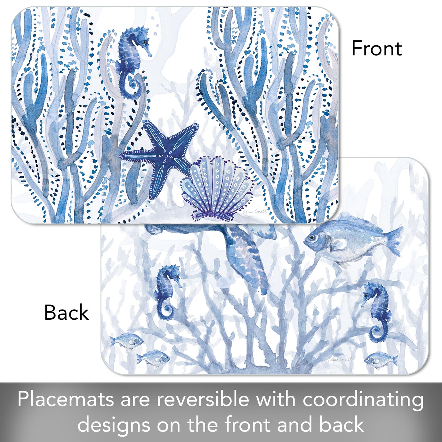 CounterArt Indigo Coastal 4 Pack Reversible Easy Care Flexible Placemats Made in the USA