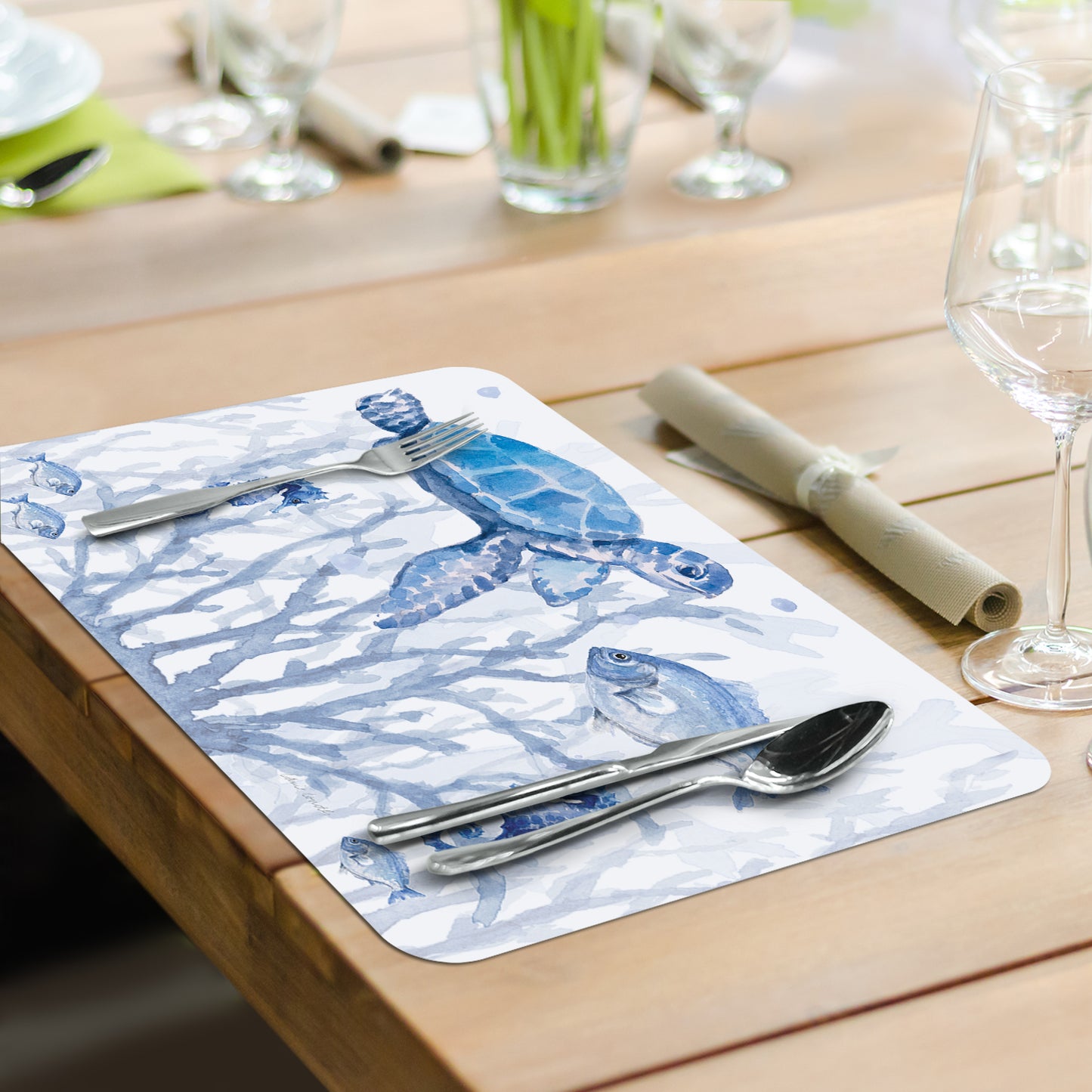 CounterArt Indigo Coastal 4 Pack Reversible Easy Care Flexible Placemats Made in the USA