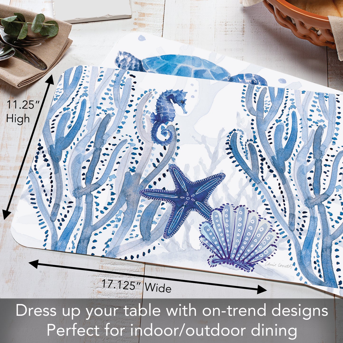 CounterArt Indigo Coastal 4 Pack Reversible Easy Care Flexible Placemats Made in the USA