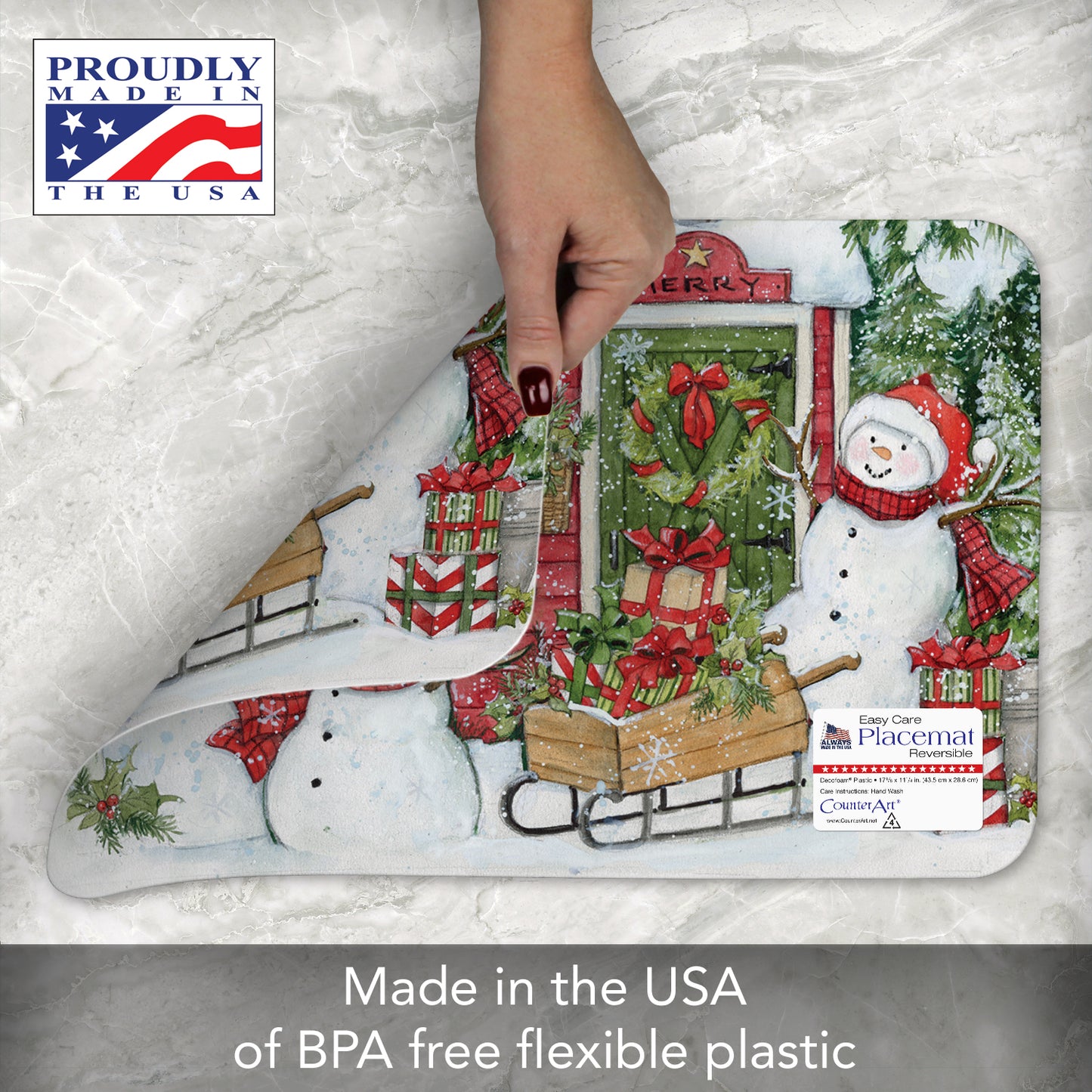 CounterArt Snowman's Farmhouse 4 Pack Reversible Easy Care Placemats Made in the USA