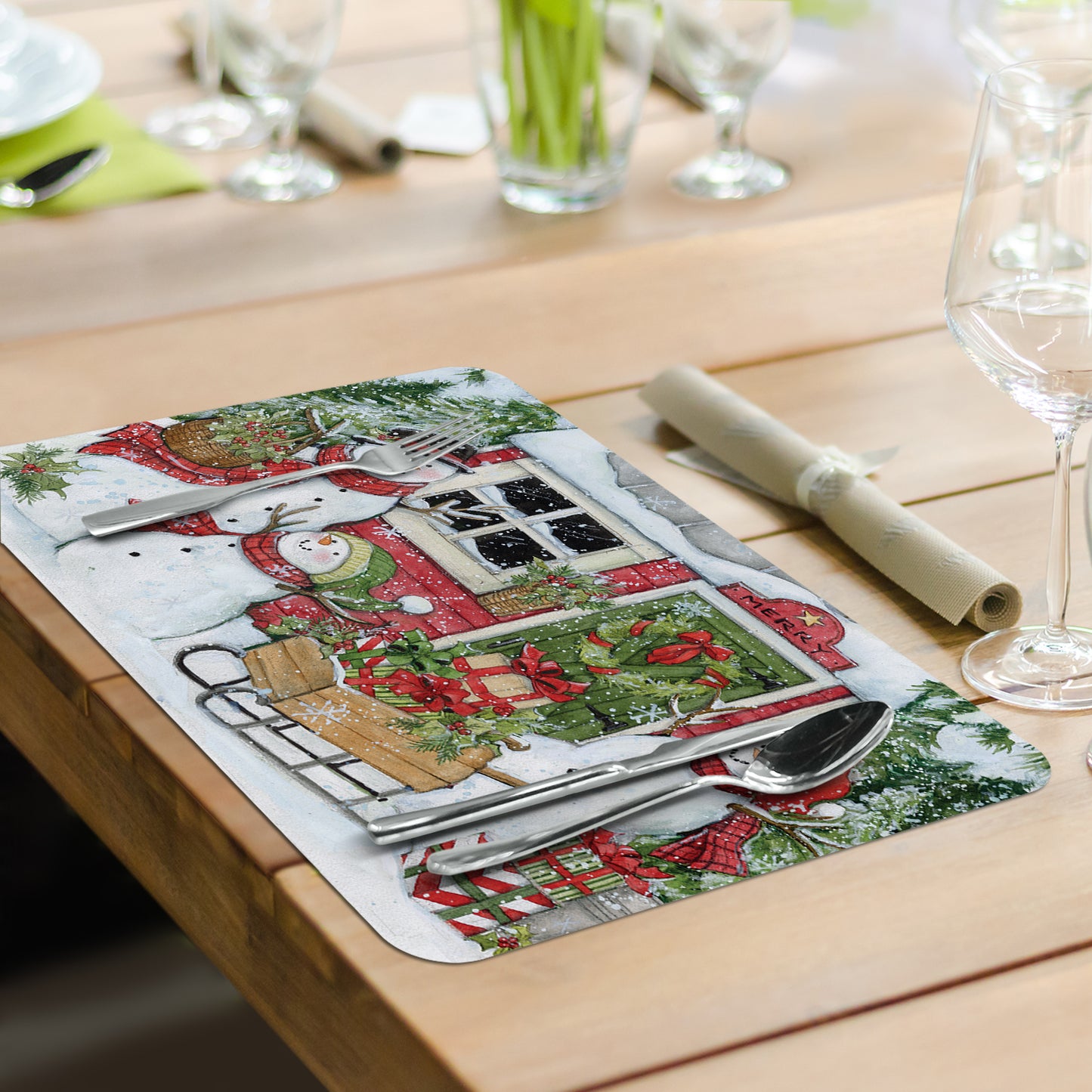 CounterArt Snowman's Farmhouse 4 Pack Reversible Easy Care Placemats Made in the USA