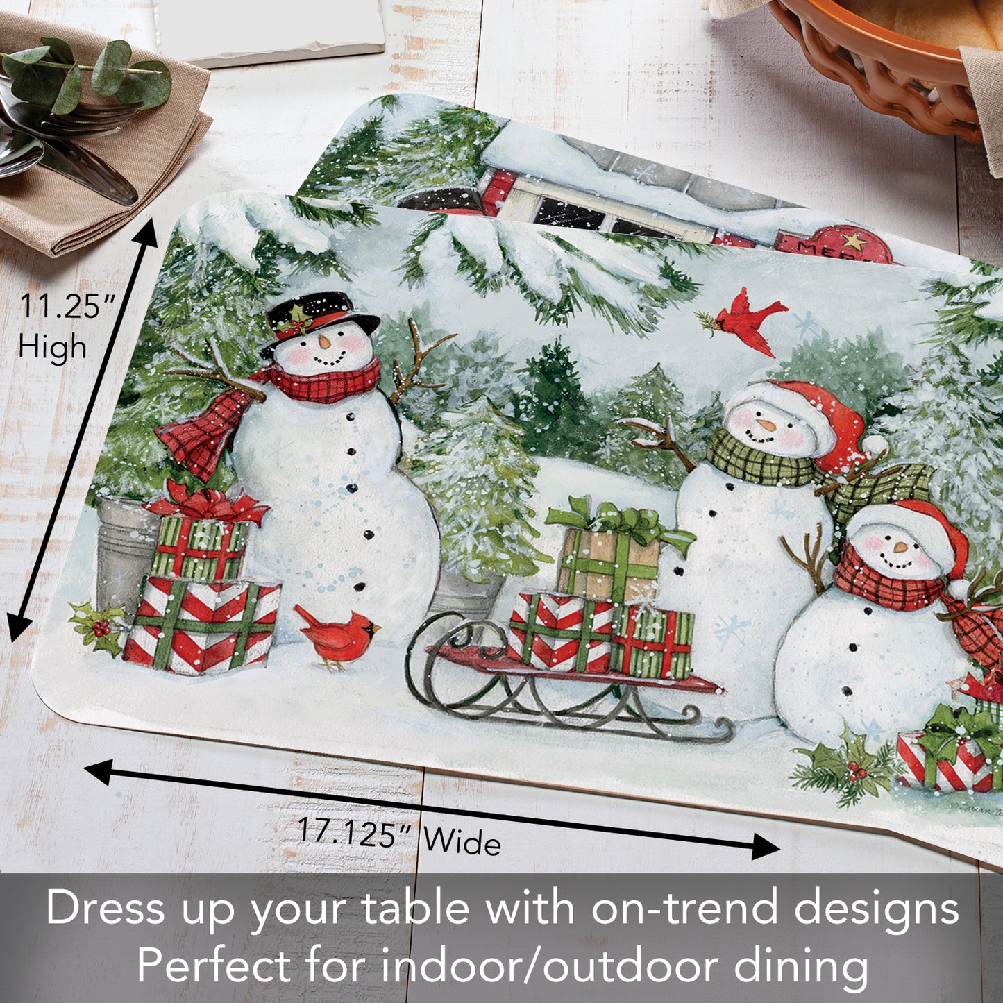 CounterArt Snowman's Farmhouse 4 Pack Reversible Easy Care Placemats Made in the USA